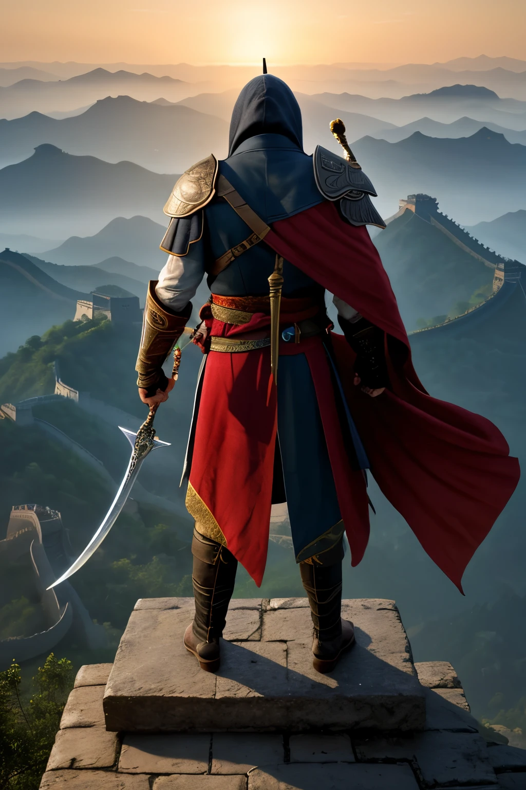 In a breathtaking, ancient Chinese panorama, an assassin precariously perches atop a majestic pagoda, overlooking a sprawling city cast in the soft glow of dawn. The Great Wall, a serpentine silhouette, meanders through the distant hills, while crimson and gold autumn leaves pirouette across traditional rooftops. The hooded figure, clad in intricately embroidered robes and armor, holds two curved swords, emanating a palpable aura of stealth and precision. A banner flutters ominously below, signifying his mission. This dramatic scene from "Assassin's Creed: J