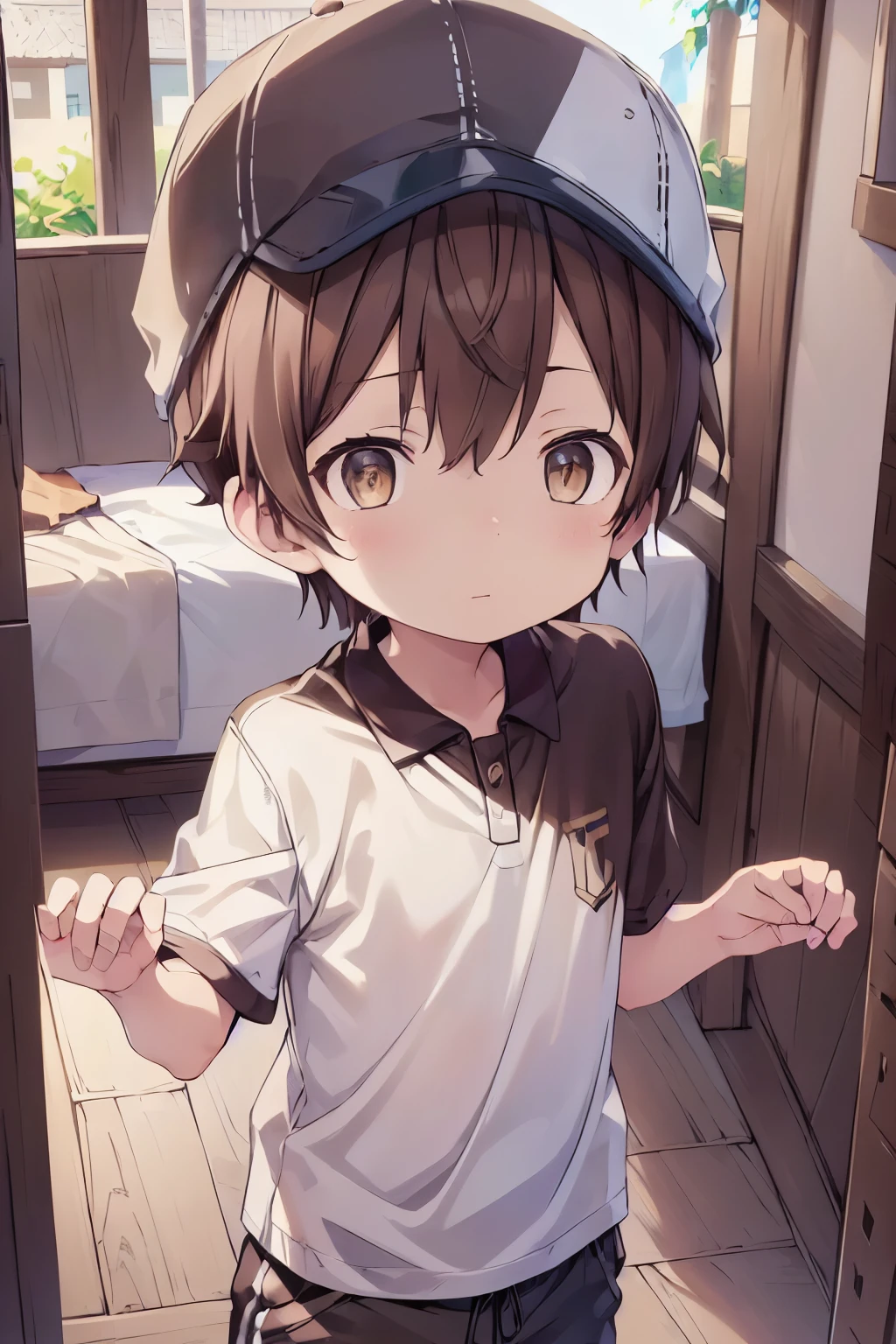 1boy, aoi, brown hair, masterpiece, ultra detail, male focus, soccer shirt, brown baseball cap, brown eyes
 