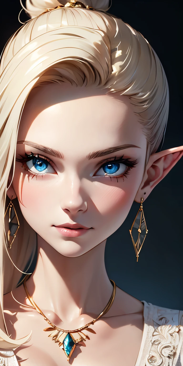 A beautiful, detailed portrait of a young platinum-haired girl, her hair tied back in a high ponytail or ballerina bun, no bangs, looking directly at the viewer with cerulean blue eyes and an innocent, charming smile. Her face is flawless, with delicate features, a slender, frame, and a flat chest. The 21-year-old girl has an oval-shaped face, detailed hair, and a focus on her face. She wears a decorative gold necklace and gold earrings, with rosy, glowing skin and red lips. She has an embarrassed expression, with elf-like ears. (best quality,4k,8k,highres,masterpiece:1.2),ultra-detailed detailed face,extremely detailed eyes and face,longeyelashes,extremely detailed skin,beautiful detailed eyes,beautiful detailed lips,stunning detailed portrait,intricate details,cinematic lighting,dramatic lighting,glowing skin,highly saturated colors,warm color palette,delicate features,,slender,graceful,elegant,sophisticated,serene,embarrassed,vulnerable,ethereal