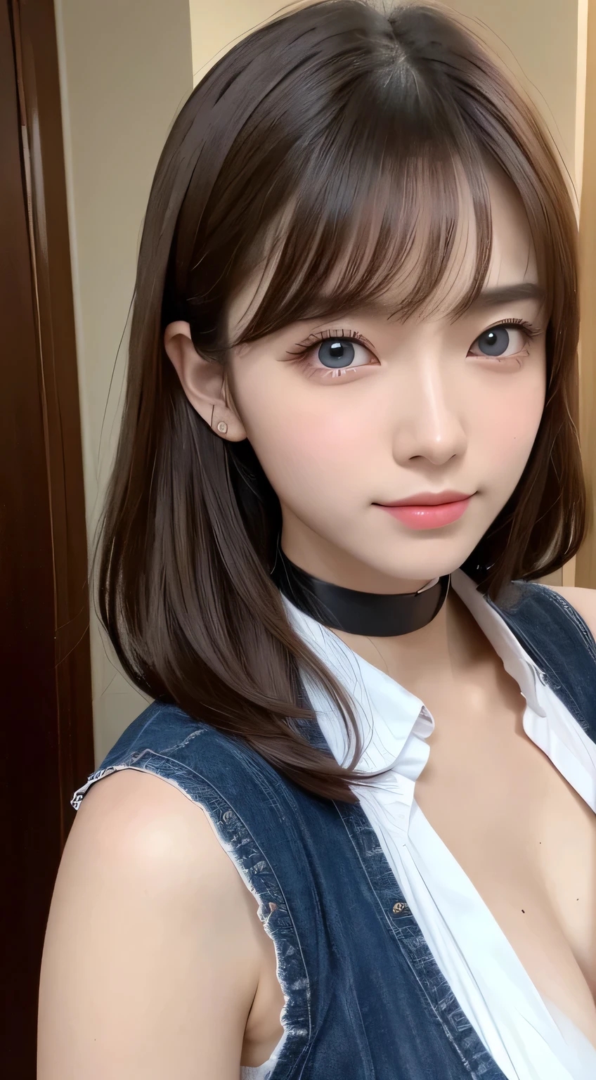 (highest quality, masterpiece:1.3, 超A high resolution), (Ultra-detailed, Caustics), (Photorealistic:1.4,RAW shooting,)Ultra-Realistic Capture,Very detailed,High resolution 16K, Close-up of human skin, The skin texture is natural, It must be detailed enough to be easily identifiable.。 Skin should look healthy and have an even tone。 Use natural light and color, restaurant, Waitress Uniform, 1 girl, Japanese, 18-year-old, cute, Mid-length hair, Large Breasts, smile, Turn your body forward, (View from the front:1.1), Looking into the camera,(Cowboy Shot),sight, focused on the chest, Brown Hair, Black choker, fluffy eyelashes, blue eyes, bangs