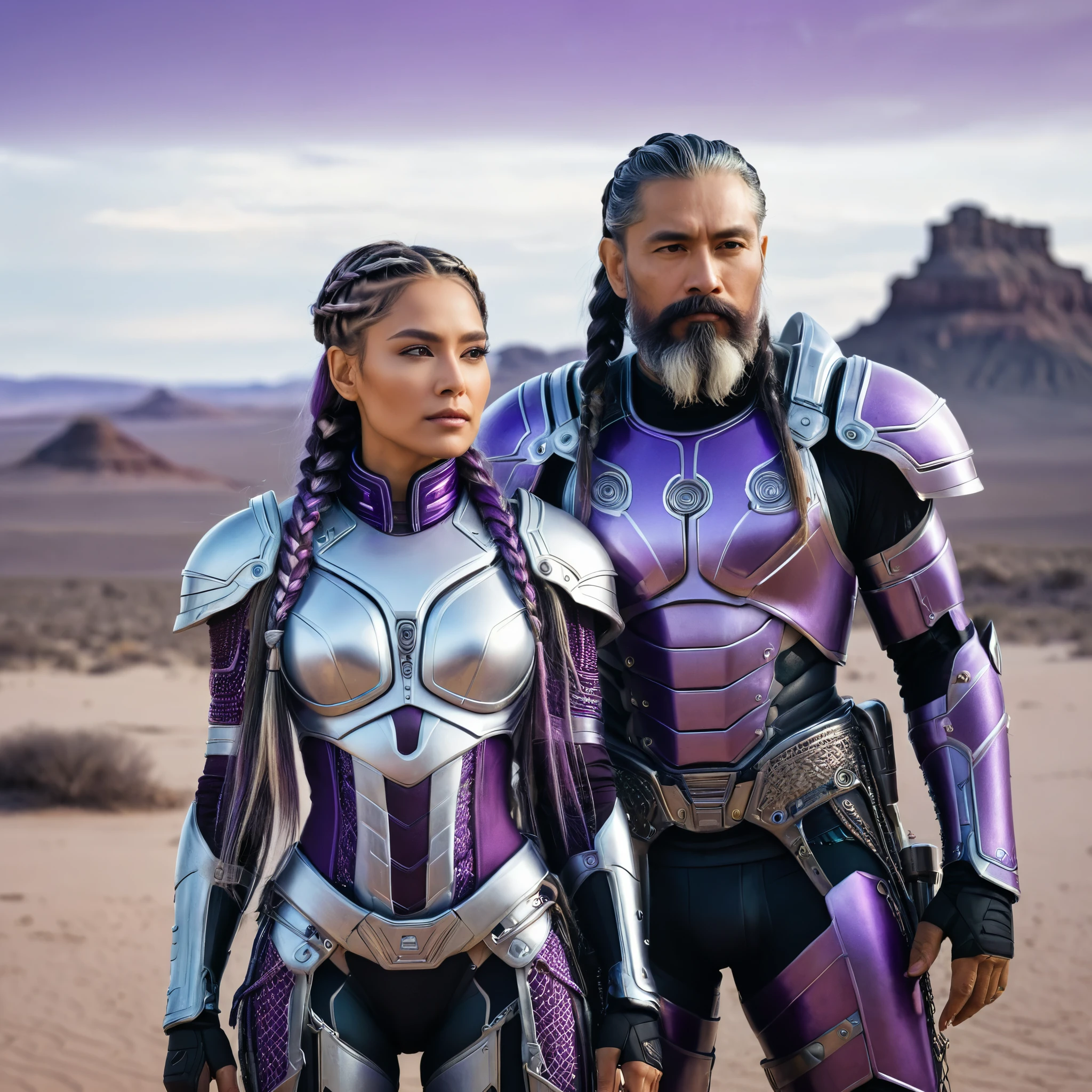 (Double portrait), A stunningly realistic depiction of a couple, 1Women, Latina, 36 years old, ((long braided hairs)), (purple-white gradient hairs of women), wearing futuristic full body cybernetic armor, 1Russian Man, 36 years old, (Man wearing old old Mayan armor), Perfect beard on Man's face, Both are standing on a desolate alien landscape, (Alien Landscape)