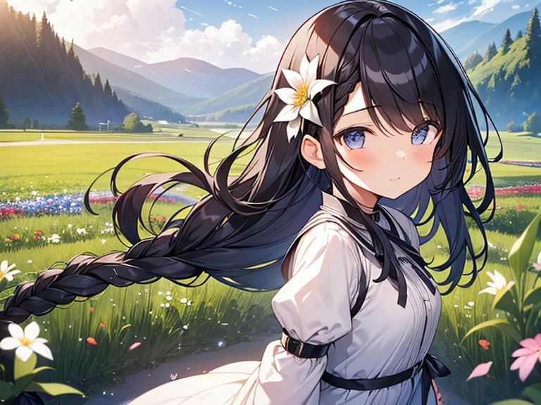 masutepiece, Best Quality,Illustration, Wallpaper, Ultra Detail, Absurd beauty、1 beautiful girl、 (long dark hair、short dark braided hair), Beautiful ultra-detailed eyes , Hair fluttering in the wind、Keep your head small、flower field、great outdoors、Scenery of a flower garden circling around