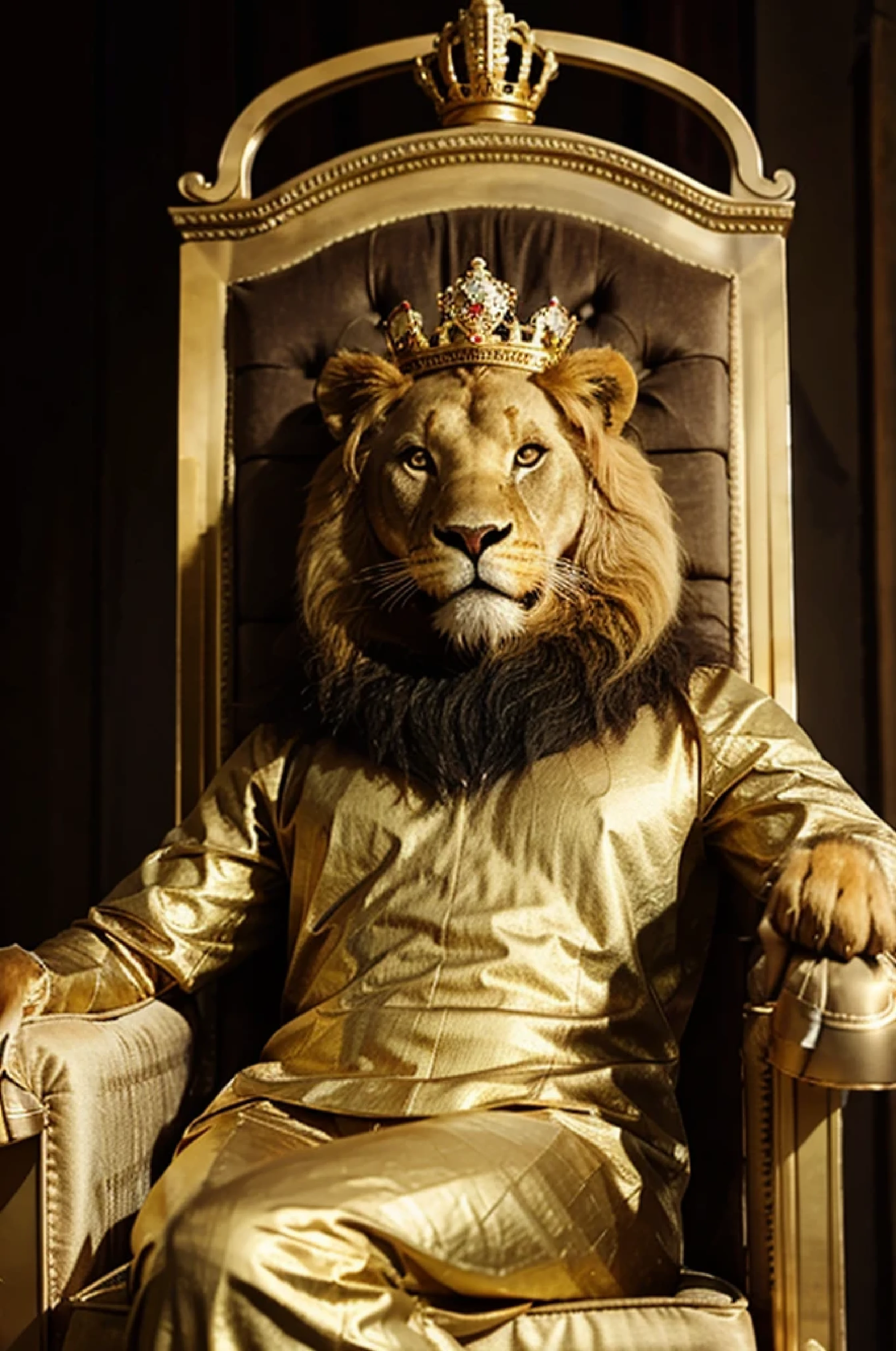 Lion sitting in chair of gold with wearing crown