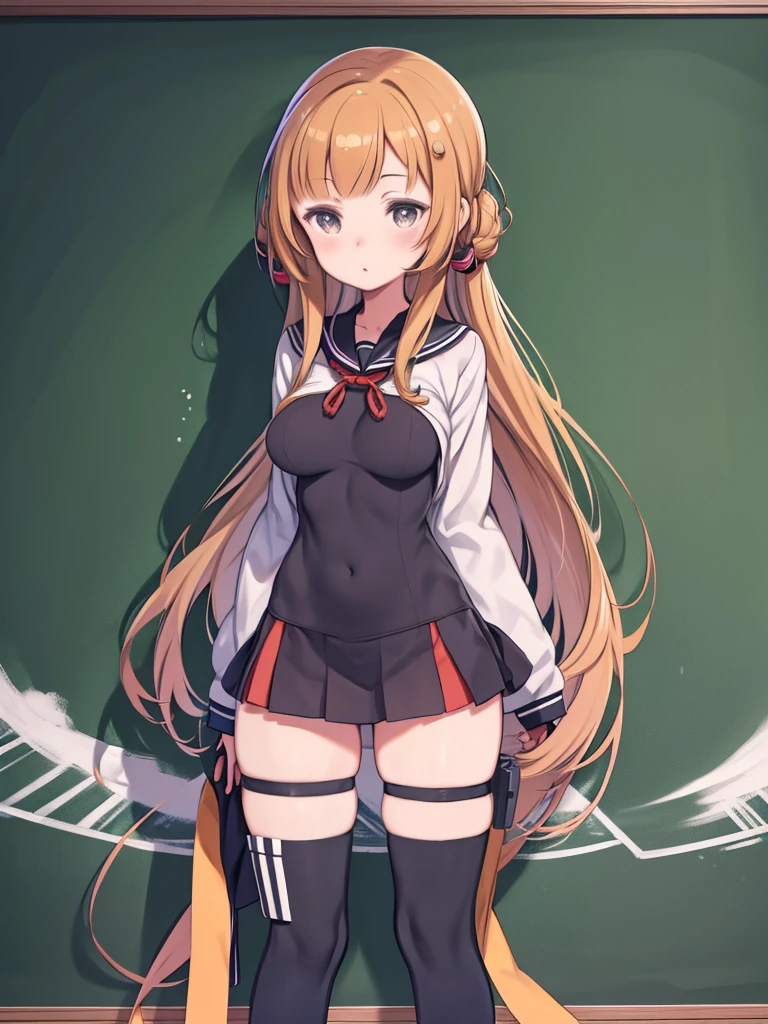 Anime girl in uniform standing in front of a blackboard、Anime girl in uniform posing in front of blackboard, tits, Kantai Collection Style, , tits proportions, chic, Anime Moe Art Style, Kantai Collection, hanayamata, marin kitagawa fanart, konpeki no kantai, nishimiya shouko, Big Breasts!