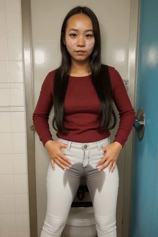 (pp clothes), from forehead, Indonesia school girl, waiting in line, front toilet door, peeing jeans