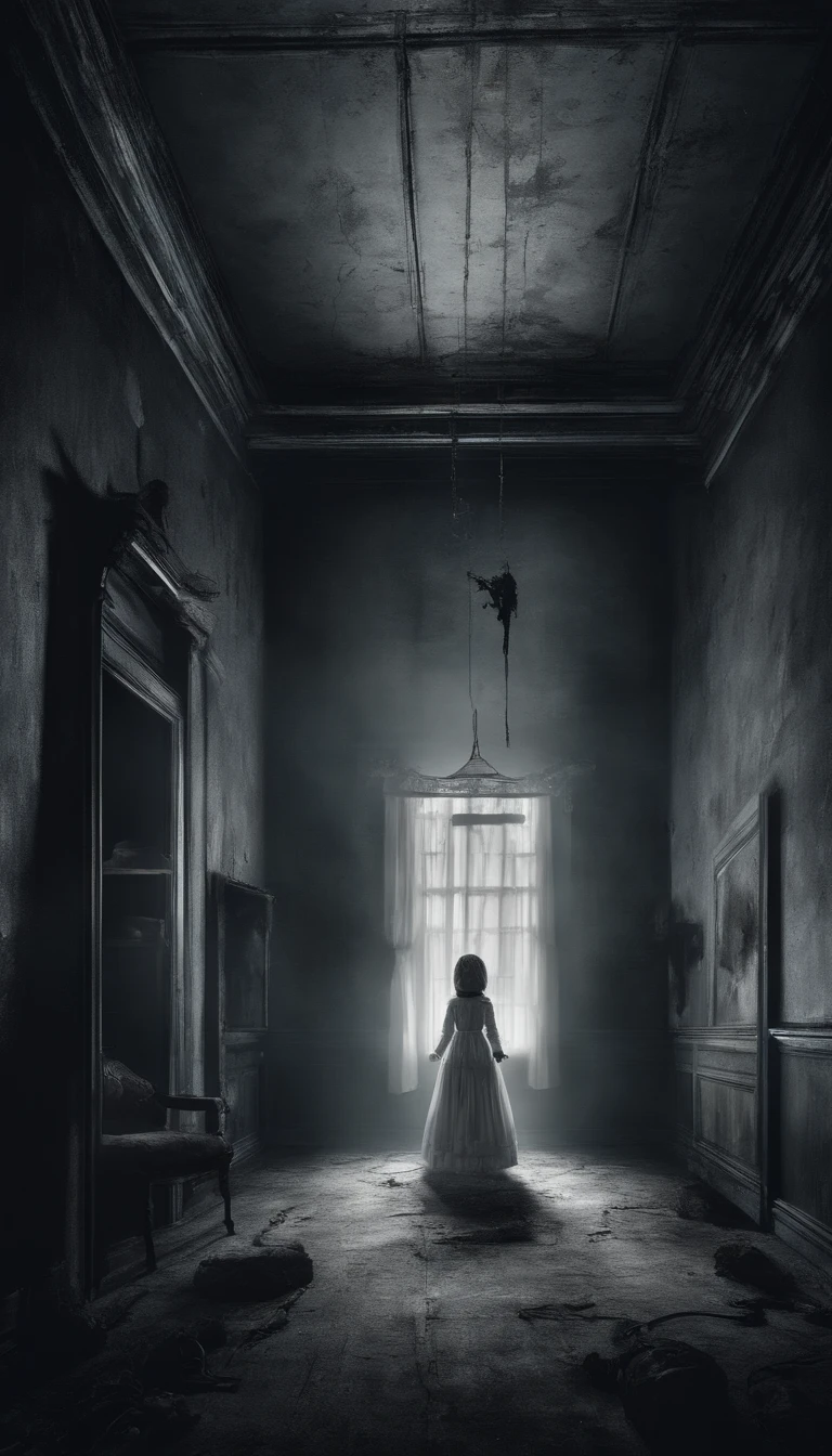 darkened room、ceiling、Spooky doll in white dress hanging from the ceiling