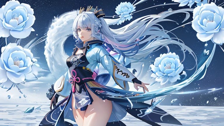 1 Anime Girl, Samurai, Abstract, Splash Art, Light Particles, Diamond blade, (Cold Energy, Cold Wind Brust, Cold Water: 1.4) Dynamic Pose, Galaxy, (fractal art:1.1), (colorful:1.1),(Ice flowers:1.4), highest detailed,(zentangle:1.1),(abstract background:1.1), (shiny skin), (many colors:1.4), UHD, retina, masterpiece, accurate, anatomically correct, textured.