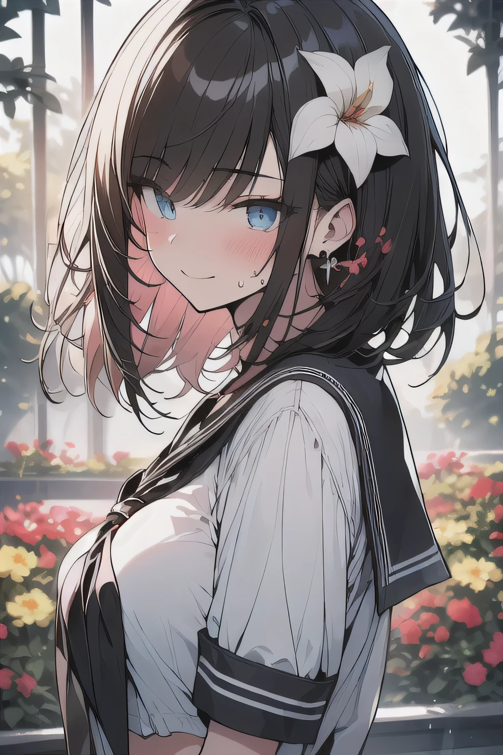 (best quality), (Super detailed), (Best Illustration), (masterpiece), score_9, score_8_up, score_7_up, 4k, high contrast,
upper body, (1woman), (solo:1.2),
{(white serafuku)}, (large breasts:1.2),
{dark brown hair, (sideburns), (bob cut:1.3), curly hair, hairs between eyes, colored inner hair}, {(detailed eyes), blue eyes}, earring,
smirk, blush,
sweat,
wind, (flower garden:1.2), night,