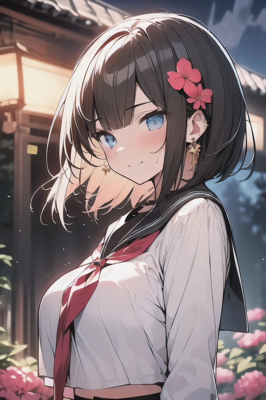 (best quality), (Super detailed), (Best Illustration), (masterpiece), score_9, score_8_up, score_7_up, 4k, high contrast,
upper body, (1woman), (solo:1.2), 

{(white serafuku)}, (large breasts:1.2), 
{dark brown hair, (sideburns), (bob cut:1.3), curly hair, hairs between eyes, colored inner hair}, {(detailed eyes), blue eyes}, earring,
smirk, blush,
sweat,
wind, (flower garden:1.2), night,