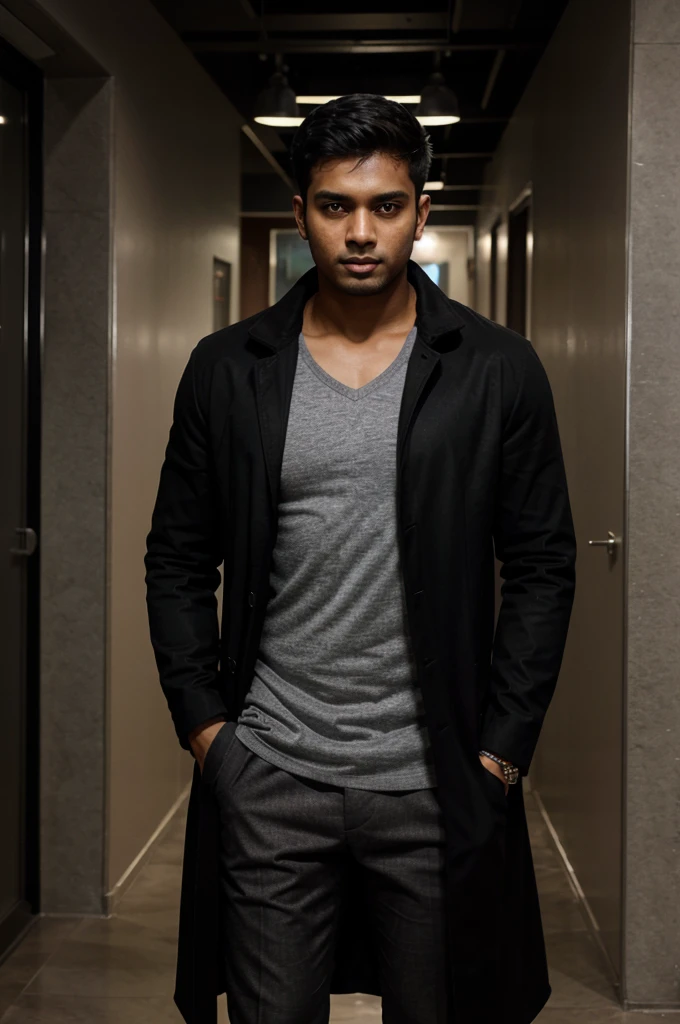 A Bangladeshi guy around 22 years old. 5 feet 11 inches. Lean muscular. Wearing a long black coat, gray shirt. Formal attair.