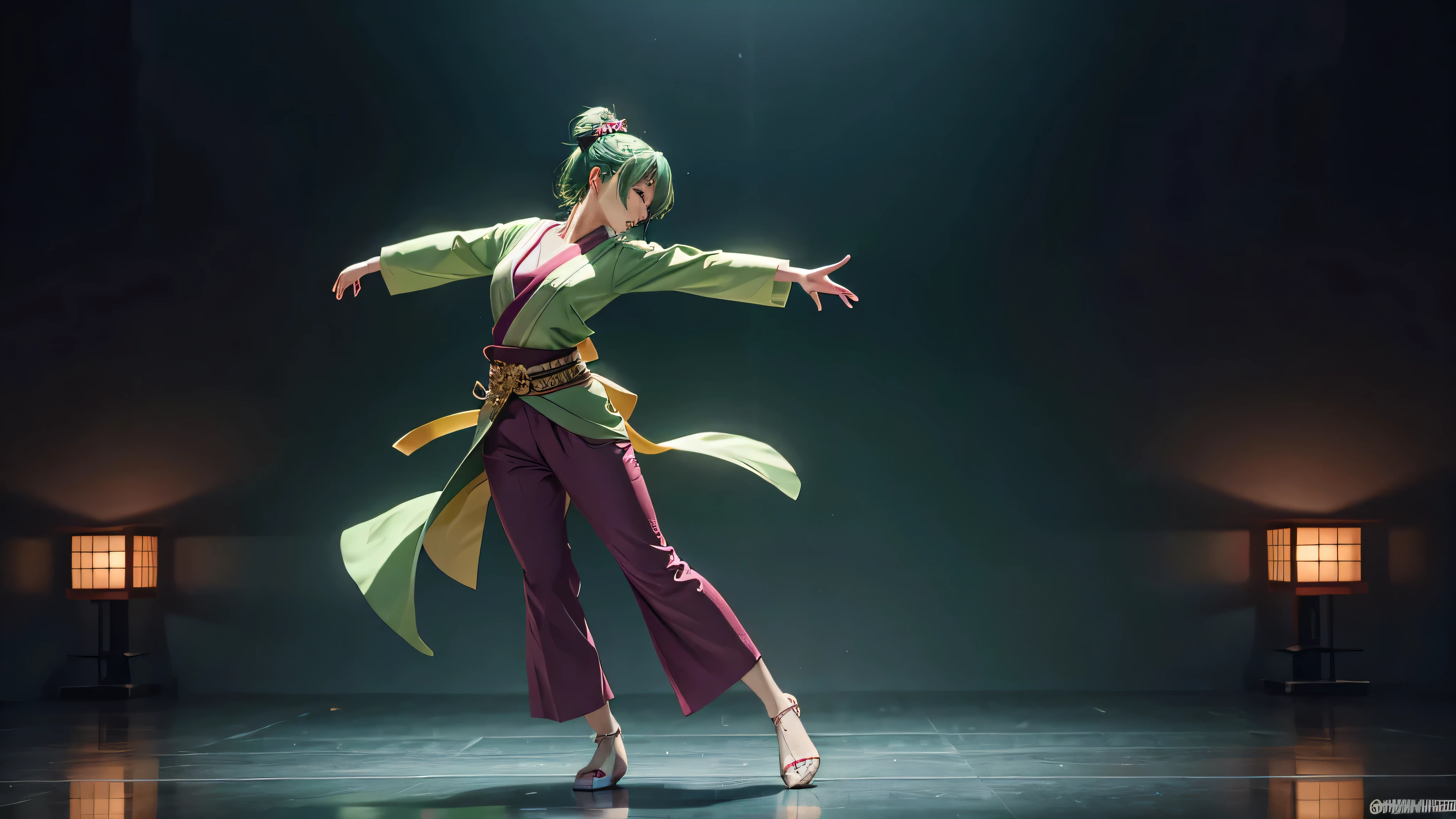 Female dancer, alone, Japanese anime style animation, full body, pants look, green back, T-pose
