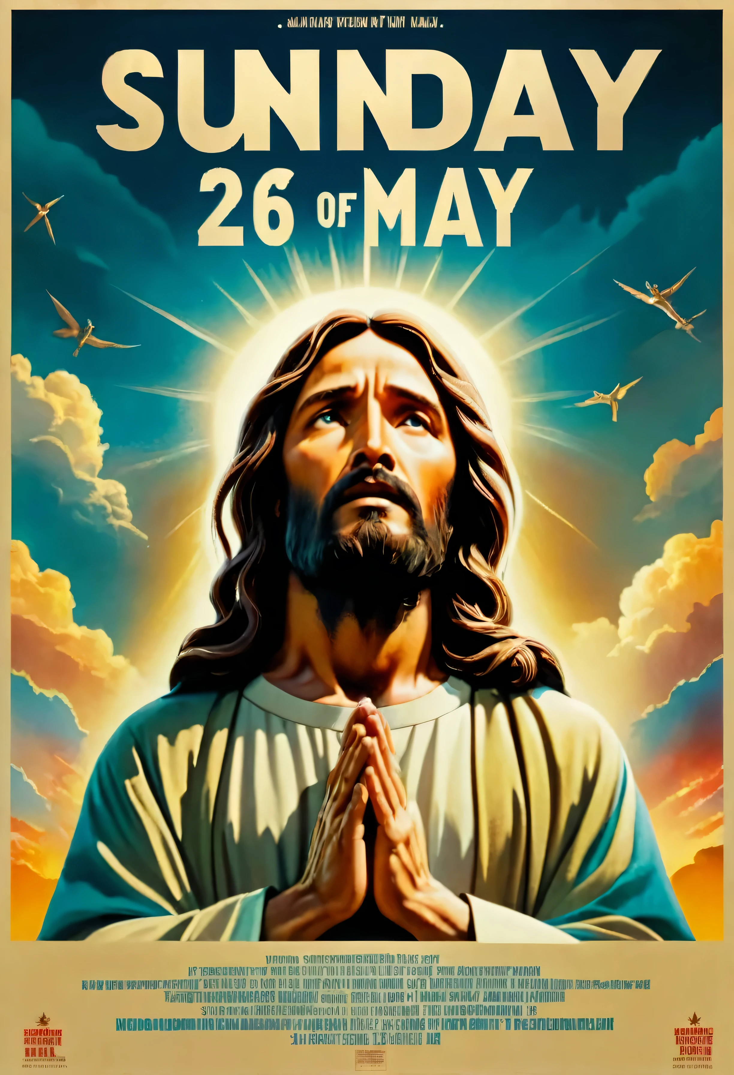 Movie Poster with title saying "Sunday 26th of May " - a film poster of Jesus Praying