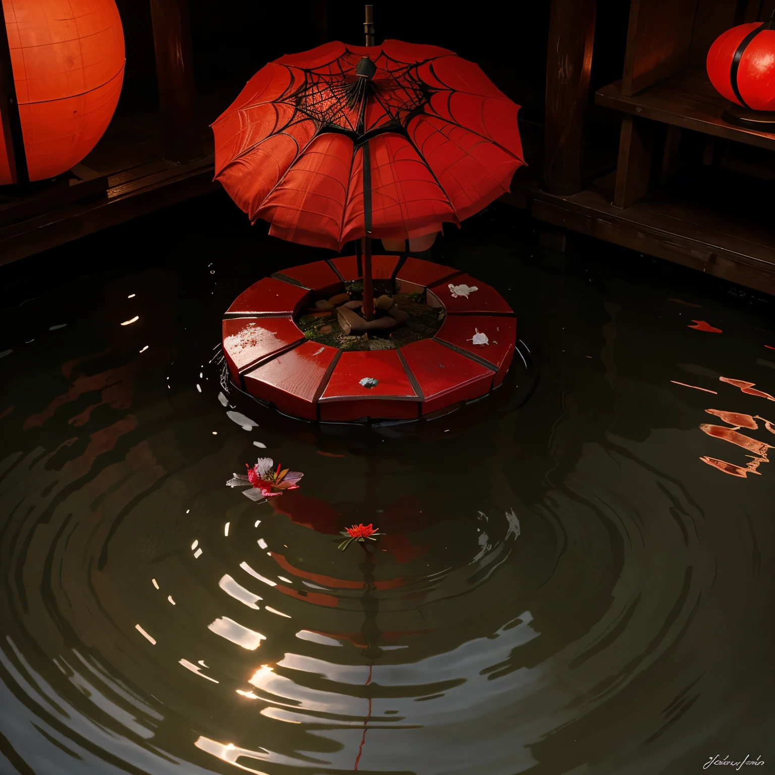 Red spider lily flower in water with japanese shrine with red moon and spirit vibe