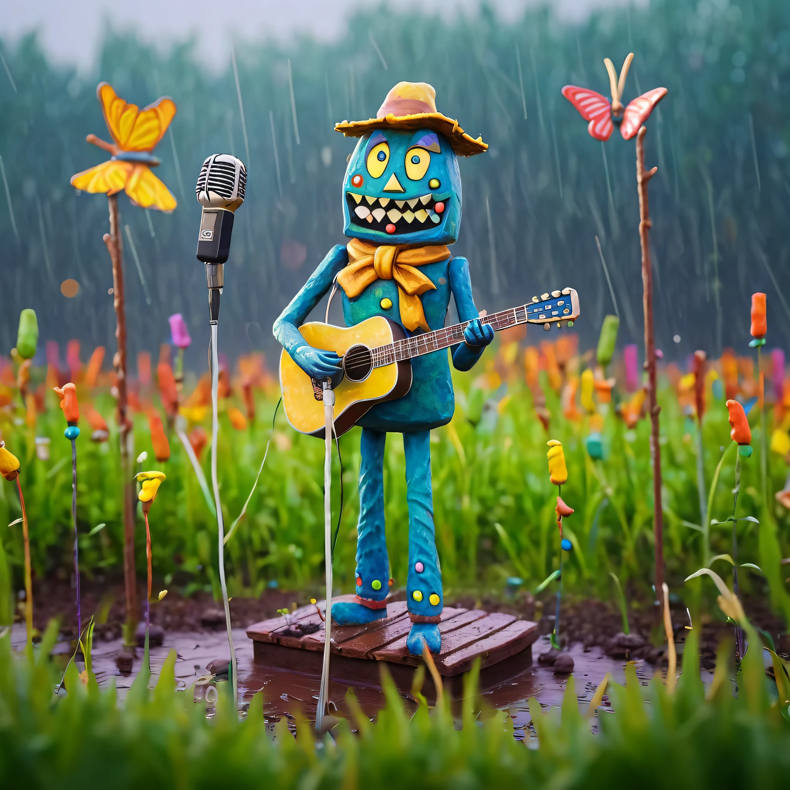 (best quality:1.2),ultra-light Clay, Clay, Pottery, distressed, dirty, mineral pigments, 3D Clay sculpture art, Clay sculpture, Rough surface, (artwork,A band of tall scarecrows singing in the fields。Holding the microphone,Guitar,Long legs,Interesting concept art,),Colorful butterflies in the air,Bokeh,Soft and beautiful picture,Rainy Day,dew