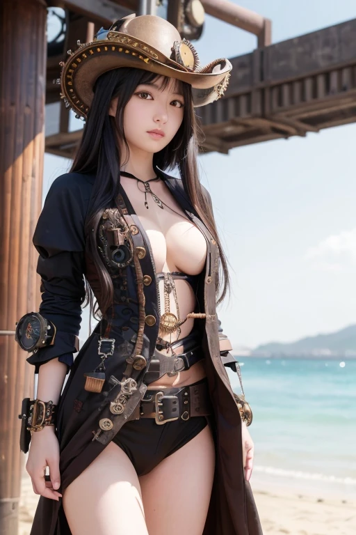 Ultra high definition、High resolution、8k、Raw photo、1 beautiful age Japanese woman、Big beautiful eyeedium chest、Black semi-long hair、(Steampunk fashion:1.4), walking, (cowboy shot:1.2), nice angle, nice posture, (outdoor, beach)