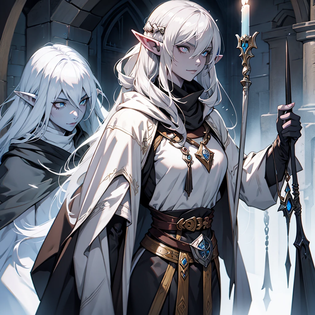 Female Drow Elf, grey skin, white eyes, dungeons and dragons, Cleric