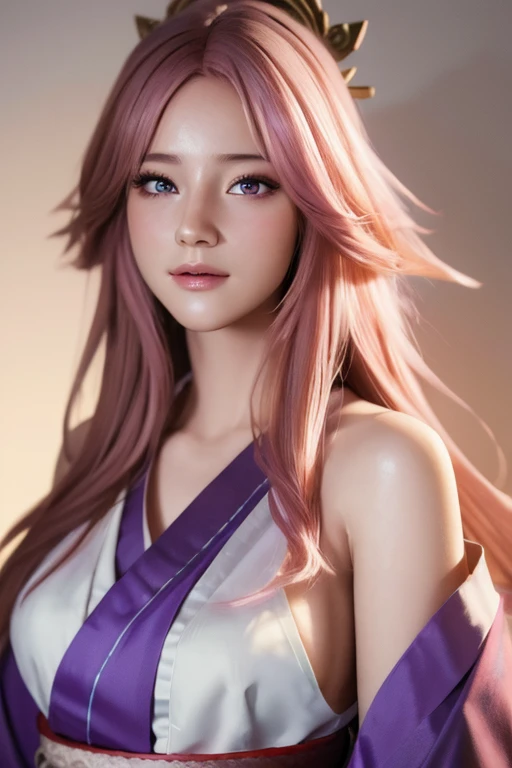 (RAW photo, best quality), (realistic, photo-realistic:1.3),pink hair,best quality,highly detailed,masterpiece,ultra-detailed,illustration,1girl,upper_body,dynamic angle,world masterpiece theater,messy_long_hair,best quality,extremely detailed CG unity 8k wallpaper,ink,Amazing,cinematic lighting,lens_flare, dunhuang_style,(((Masterpiece))), (portrait), 24 years old, kimono, blushing, purple hair, diffused light, dynamic shadows, sharp focus, realistic, detailed, highres, absurdres, white background, photorealistic, lifelike