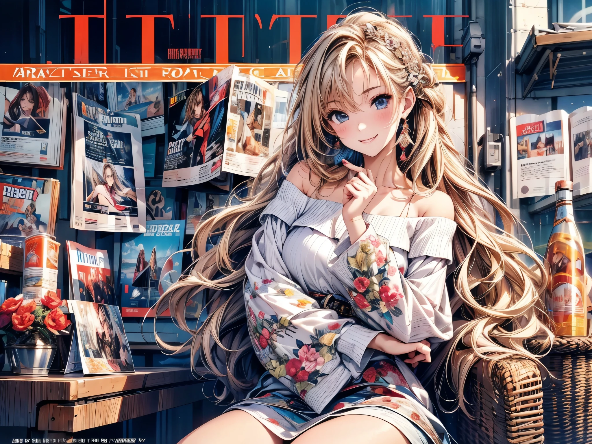 best quality, masterpiece, Ultra-high resolution, Reality, 1 girl, Off-shoulder, Smile, (Magazine:1.35), (Cover Style:1.3)