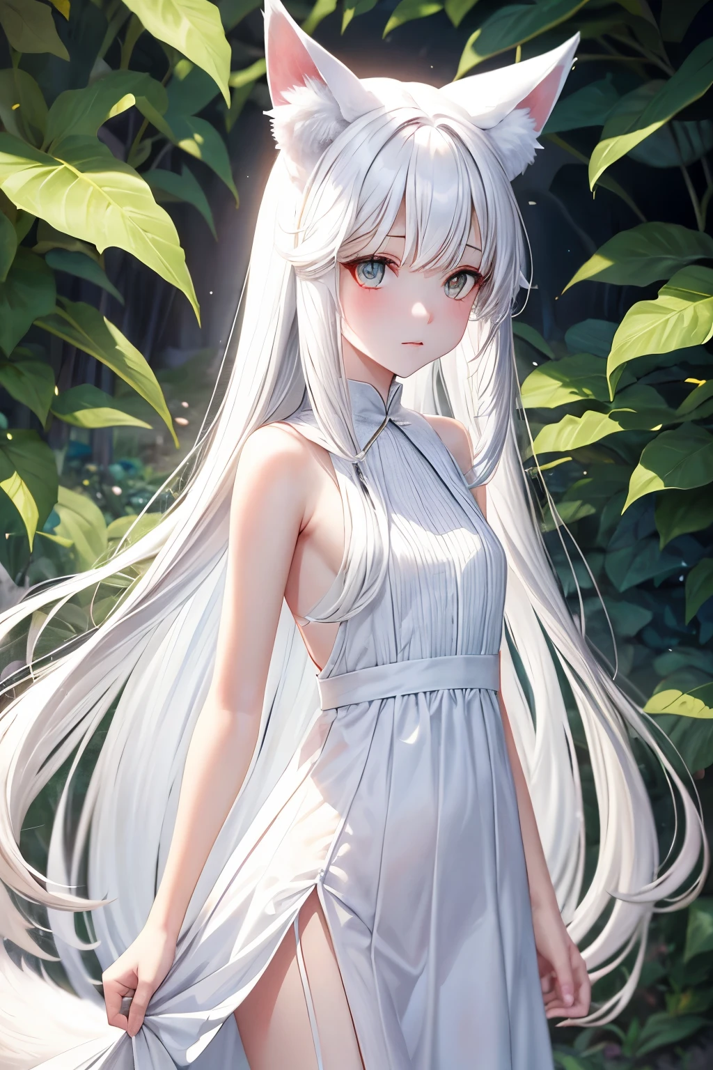 White fox head with slit eyes and white fox ears　White straight long hair　Bangs　sideburns are long　It has a white fox tail.　Wearing a white dress