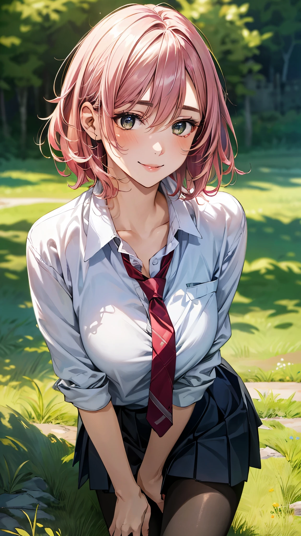 (masterpiece:1.3, top-quality, ultra high res, ultra detailed), (realistic, photorealistic:1.4), beautiful illustration, perfect lighting, natural lighting, colorful, depth of fields, ,
beautiful detailed hair, beautiful detailed face, beautiful detailed eyes, beautiful clavicle, beautiful body, beautiful chest, beautiful thigh, beautiful legs, beautiful fingers, shiny skin, babyface,
looking at viewer, (face focus), 1 girl, japanese, high school girl, (perfect anatomy, anatomically correct, super detailed skin), cute and symmetrical face, perfect face, perfect eyes,
(middle hair, (two side up), pink hair), hair between eyes, dark green eyes, long eyelashes, (large breasts, seductive thighs), , outstanding style, tiny,
(detailed cloth texture, cardigan, light blue collared shirt, navy pleated skirt, red tie, black pantyhose),
(beautiful scenery), evening, (grassy), , (lovely smile, upper eyes),