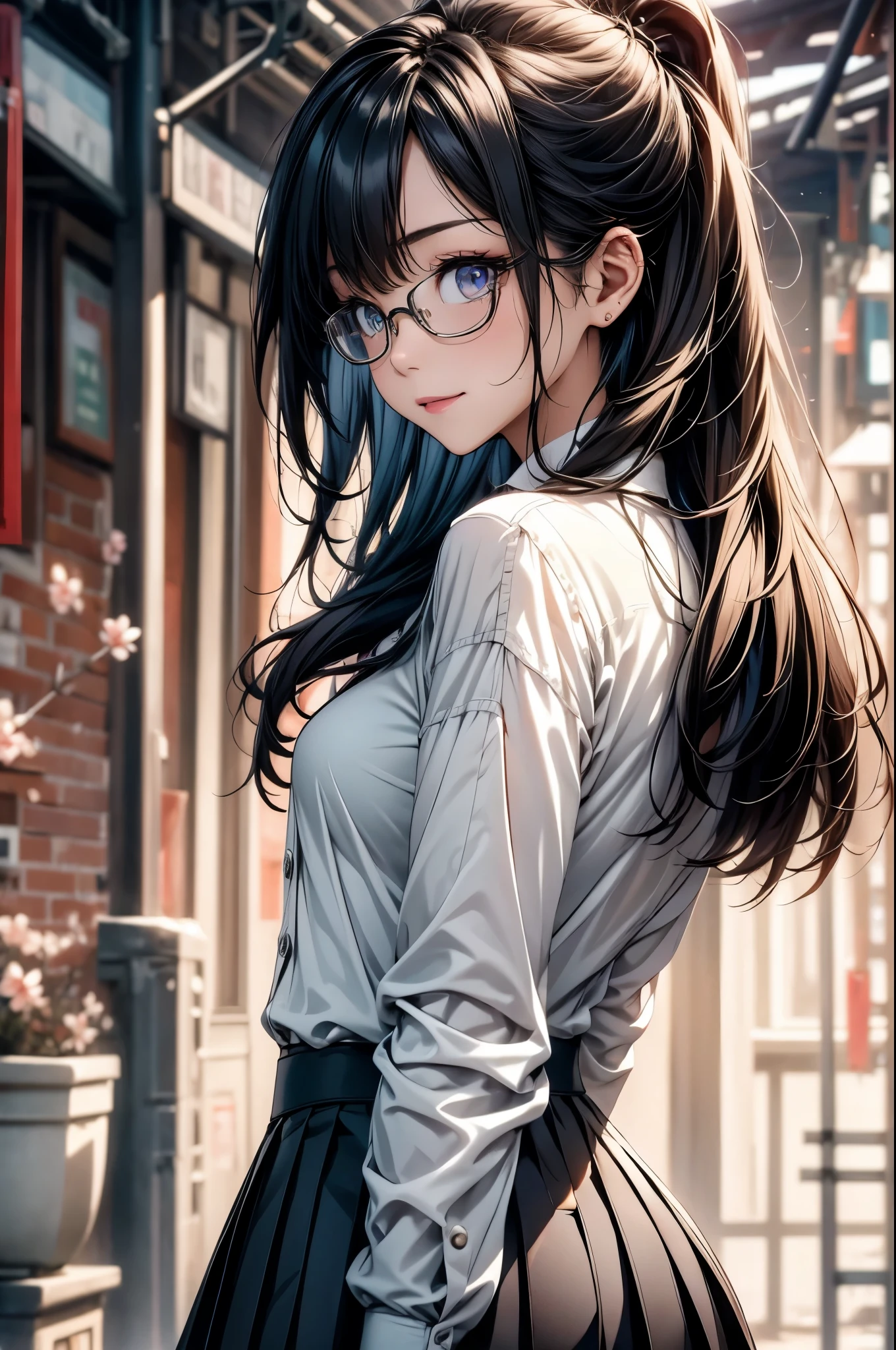 ((best quality)), ((masterpiece)), (detailed), (High contrast natural side daylight, Dynamic lighting, movie lighting), 動漫Wind格, (((whole body))), Cute Japanese girl, ((dorsal view, Look back)), looking at the audience, Smooth and fair skin, Exaggerated super long hair, Black straight hair wavy head and tail, 長髮隨Wind飄揚, ((Super fine hair quality)),  Looks cute, long upper eyelashes, thin eyebrows, big eyes, Amber pupils, Ultra-detailed eyes, Slightly blush, Smile, Exquisite rimless glasses, Detailed face, detailed face, Small nose, Small lips, rest, 
((symmetrical clothes, Uniforms, white collar button down shirt, Black pleated student skirt, dark stockings, Dark student shoes)), Perfect clothing texture, perfect body structure, attractive body shape, Long and sexy legs, Perfect foot quality, Perfect hand quality, beautiful limbs, Beautiful fingers, rest, (美麗的Wind景), (微Wind戶外), Quiet Japanese city broad streets, Spring morning, (Wind), (Cherry blossoms), whole body影像, ((Perfect composition)), highlight the subject, (Detailed background:1.5), original photo, CG Unity, photography, Surreal details, Be focused, (Deformed depth of field blurred background), [[color saturation]], (日系Wind格照片:0.3), (Magazine:1.35), (Cover Style:1.3)