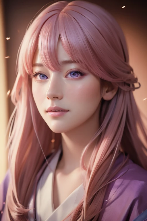 (RAW photo, best quality), (realistic, photo-realistic:1.3),pink hair,best quality,highly detailed,masterpiece,ultra-detailed,illustration,1girl,upper_body,dynamic angle,world masterpiece theater,messy_long_hair,best quality,extremely detailed CG unity 8k wallpaper,ink,Amazing,cinematic lighting,lens_flare, dunhuang_style,(((Masterpiece))), (portrait), 24 years old, kimono, blushing, purple hair, diffused light, dynamic shadows, sharp focus, realistic, detailed, highres, absurdres, white background, photorealistic, lifelike