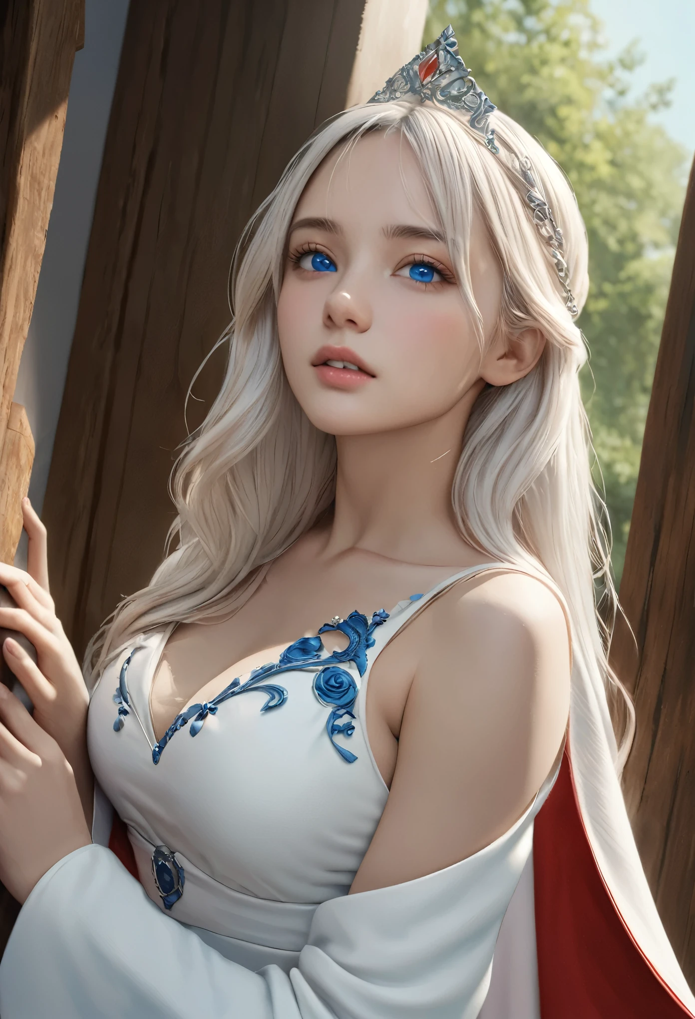 (best quality,4k,8k,highres,masterpiece:1.2), ultra-detailed, (realistic,photorealistic,photo-realistic:1.37),((Highly detailed CG Unity 8k wallpaper)), masterpiece, Super detailed, floating, High resolution, Sexually suggestive, (small, Extremely long white hair, Princess, White Mage, blue eyes, (It has long, wide sleeves and intricate embroidery. A gorgeous layered long dress in white and red with a sheer look), Bridal Veil, Circlet, Bridal Gauntlet, Blushing, shy, arched back, Frilled petticoat, Glamorous corset,