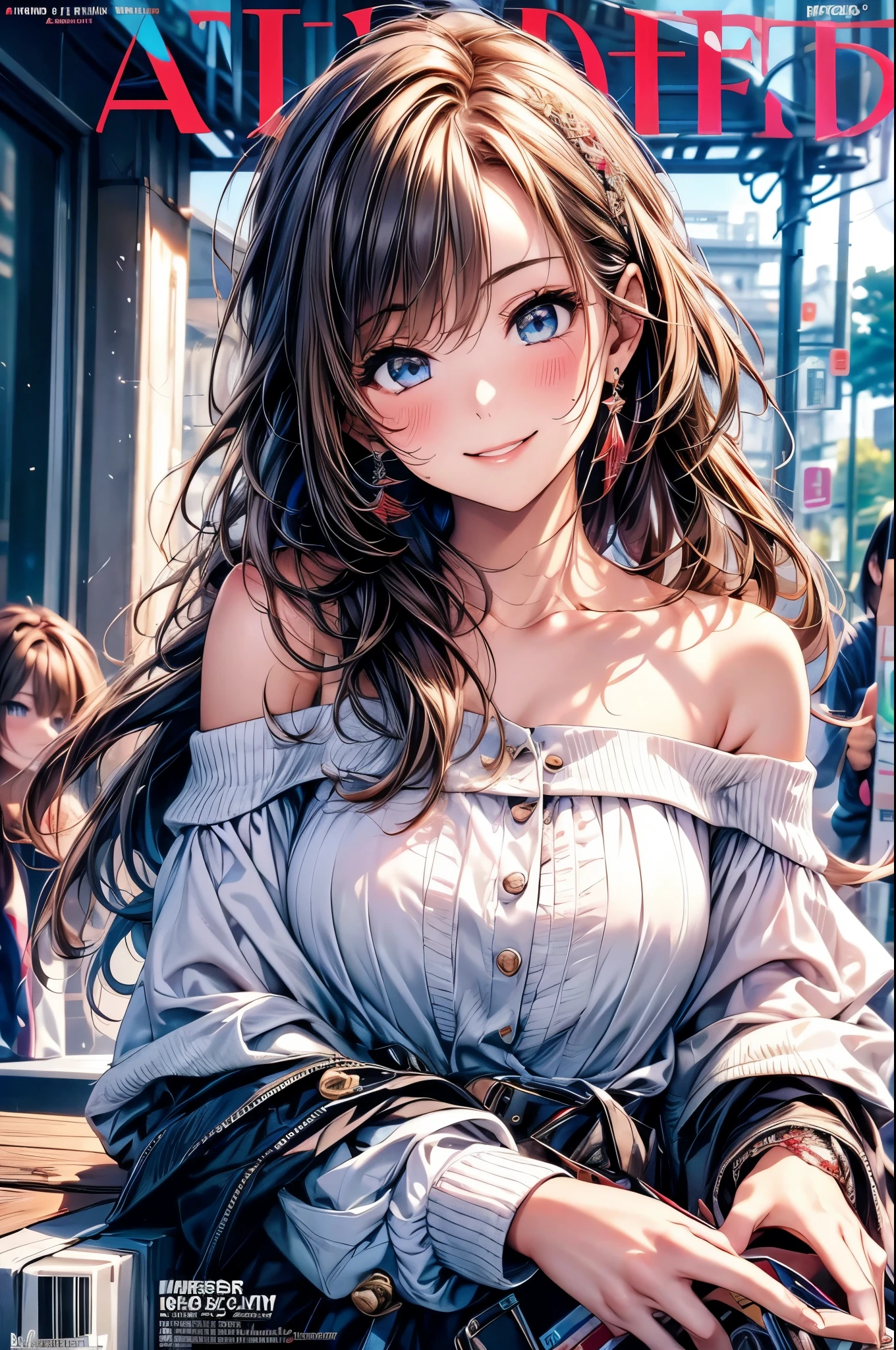 best quality, masterpiece, Ultra-high resolution, Reality, 1 girl, Off-shoulder, Smile, (Magazine:1.35), (Cover Style:1.3)
