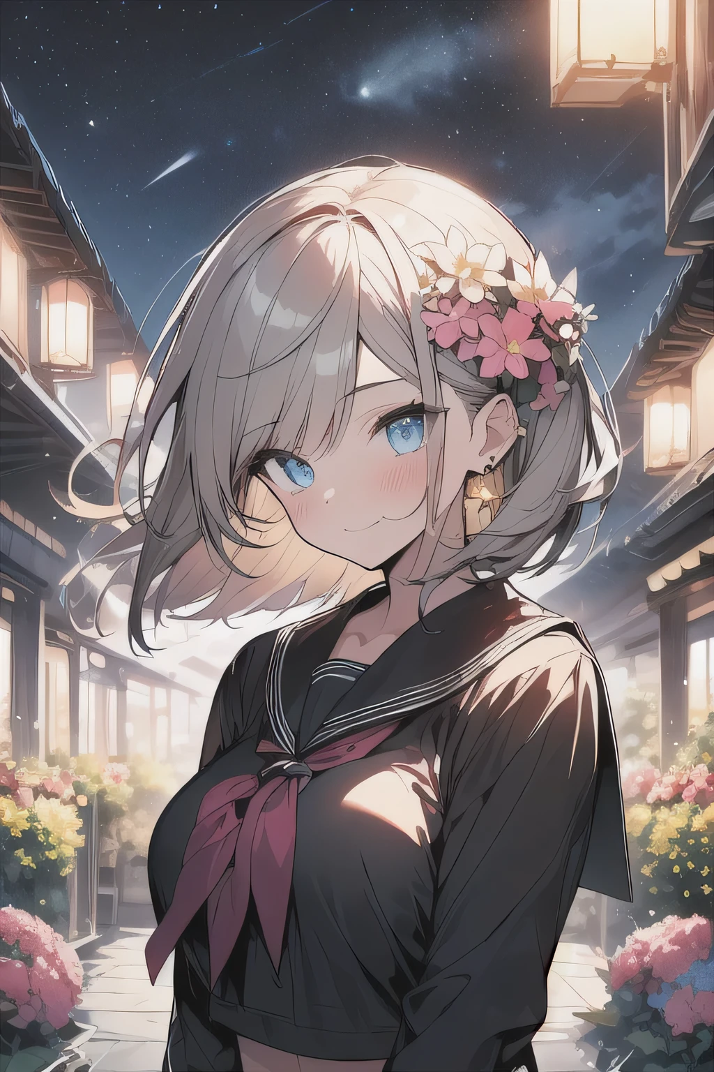 (best quality), (Super detailed), (Best Illustration), (masterpiece), score_9, score_8_up, score_7_up, 4k, high contrast,
upper body, (1woman), (solo:1.2),
{(white serafuku)}, (large breasts:1.2),
{dark brown hair, (sideburns), (bob cut:1.3), curly hair, hairs between eyes, colored inner hair}, {(detailed eyes), blue eyes}, earring,
light smile, blush,
wind, (flower garden:1.2), night, star(sky),
