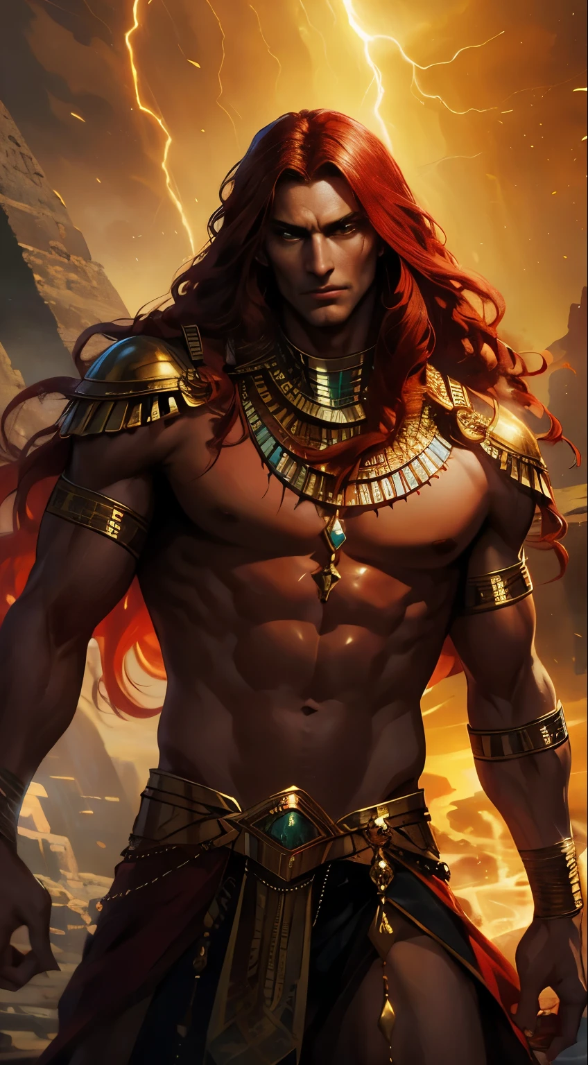 ancient Egypt, a magnificent man, with long red hair, with golden eyes, in precious jewelry, a storm, a spectacular pose