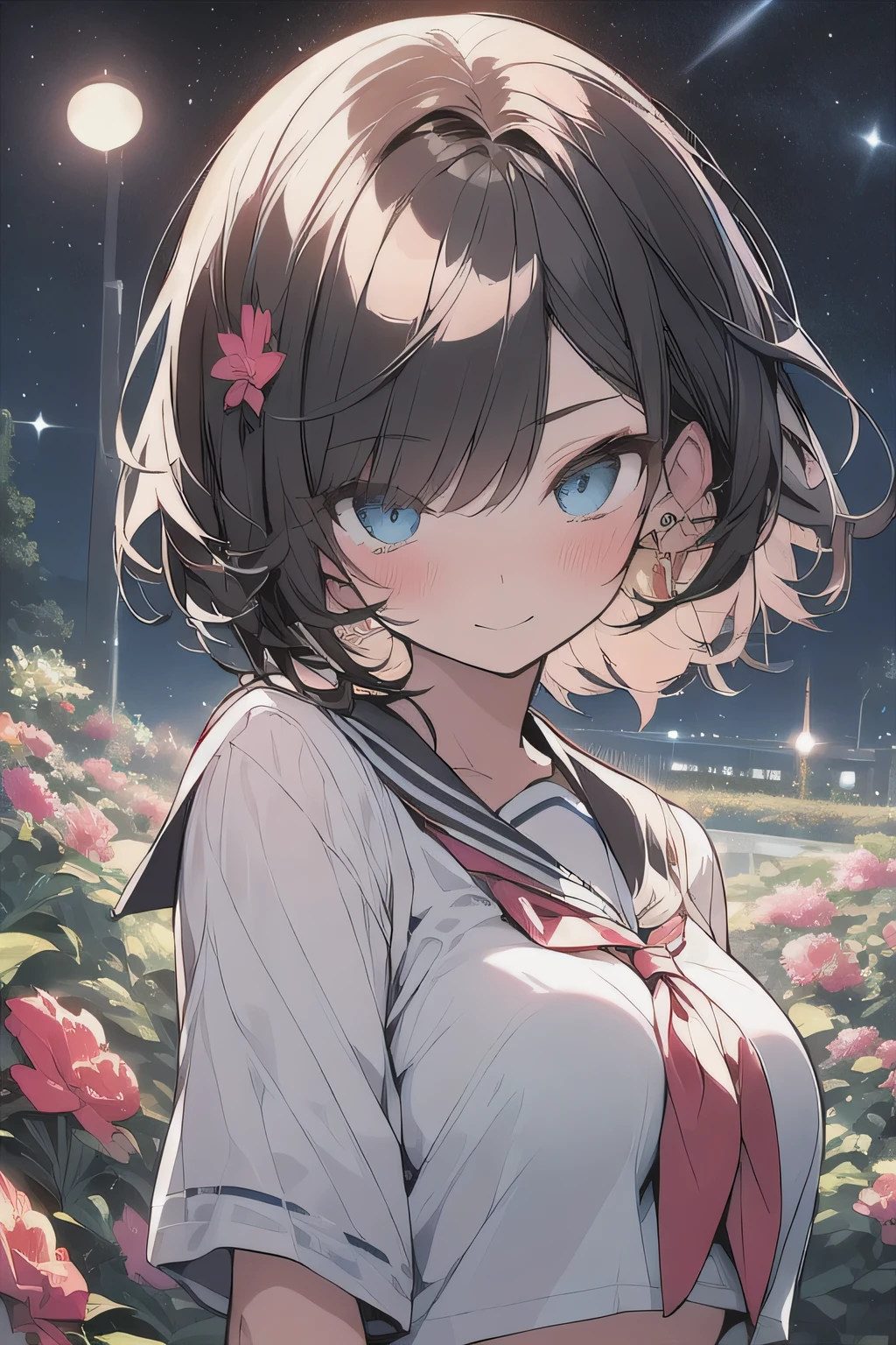 (best quality), (Super detailed), (Best Illustration), (masterpiece), score_9, score_8_up, score_7_up, 4k, high contrast,
upper body, (1woman), (solo:1.2), 

{(white serafuku)}, (large breasts:1.2), 
{dark brown hair, (sideburns), (bob cut:1.3), curly hair, hairs between eyes, colored inner hair}, {(detailed eyes), blue eyes}, earring,
light smile, blush,
wind, (flower garden:1.2), night, star(sky),
