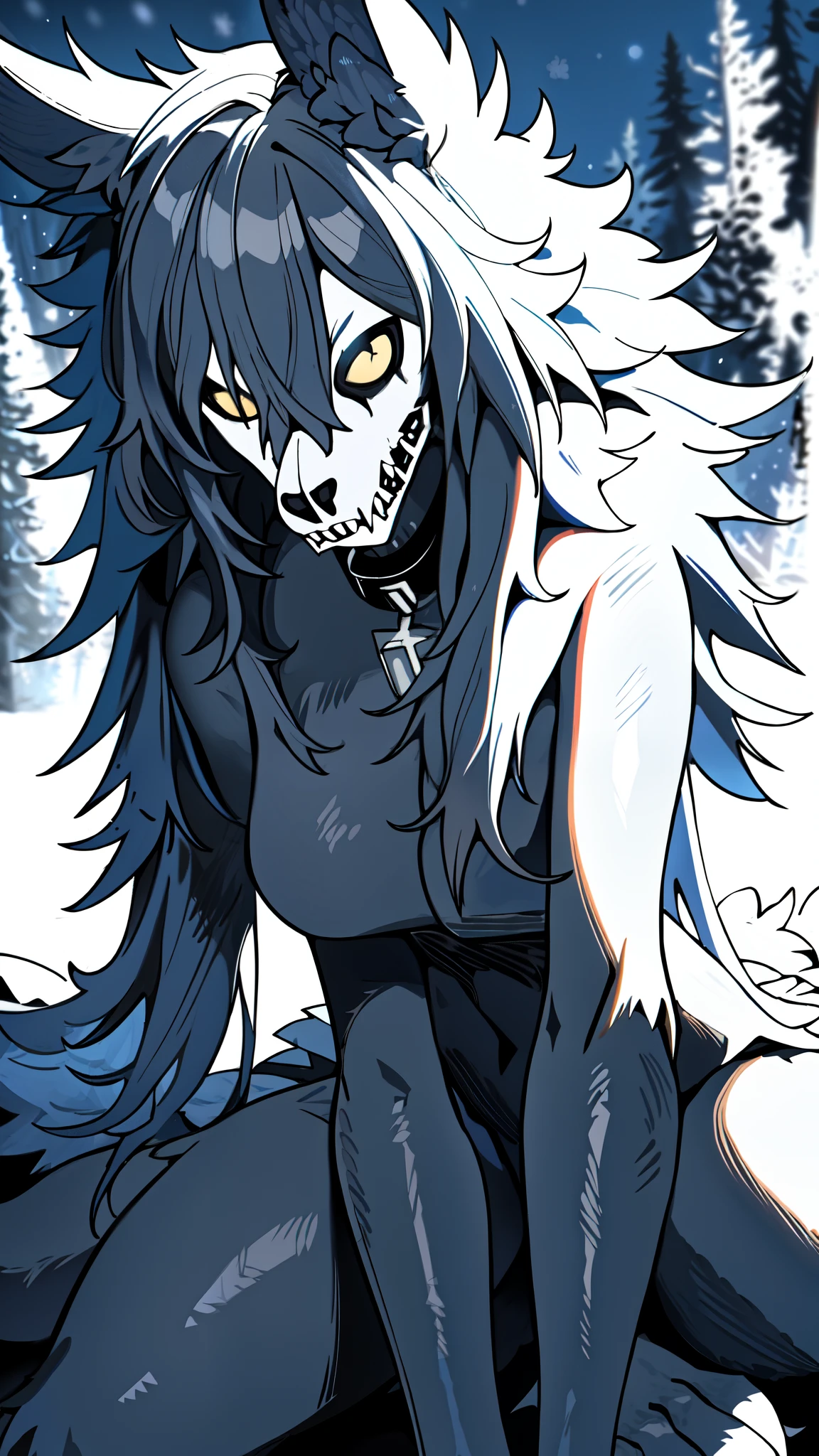 Scp 1471, (slit pupils, white eyes, black sclera), fullbody, digitigrade, (collar), masterpiece, best quality, detailed realistic fur, furry, (background is a snowy forest), detailed background, (low angle shot), detailed face, detailed eyes, detailed fluffy fur, fluffy tail