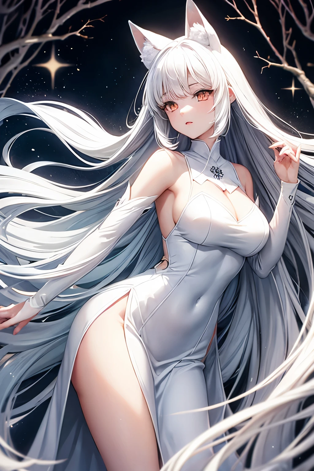 White fox head with slit eyes and white fox ears White straight long hair Bangs sideburns are long It has a white fox tail. Wearing a white dress