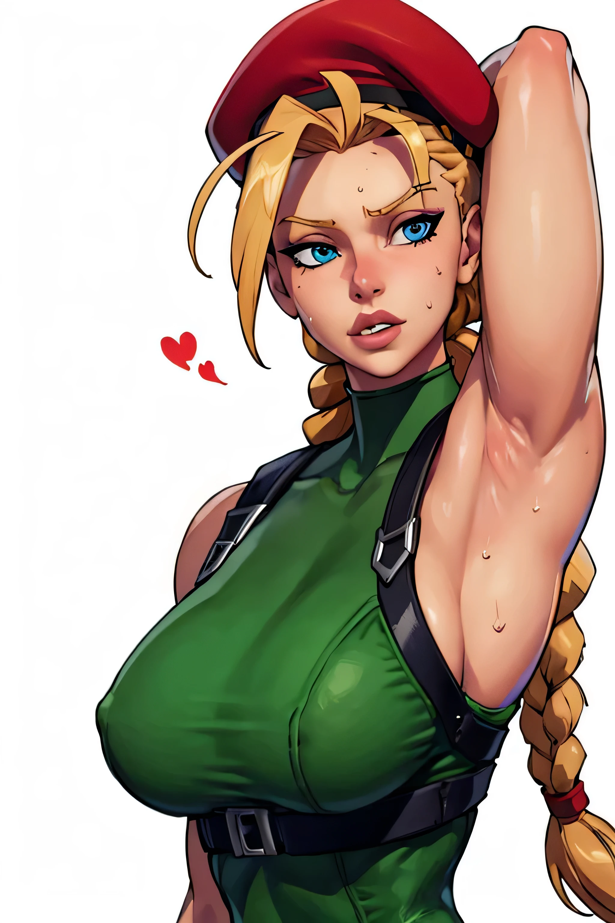 masterpiece,best quality,extreme detail,8k,cammyfn, 1girl, solo, long hair, breasts, blue eyes, blonde hair, large breasts, gloves, hat, upper body, braid, ahoge, twin braids, leotard, lips, makeup, beret, scar, antenna hair, nose, harness, huge ahoge, green leotard,sleeveless,arms behind head,armpit,armpits,sweaty,sweat,arms behind head,exhausted,sleeveless,cross eyed,sweaty armpits