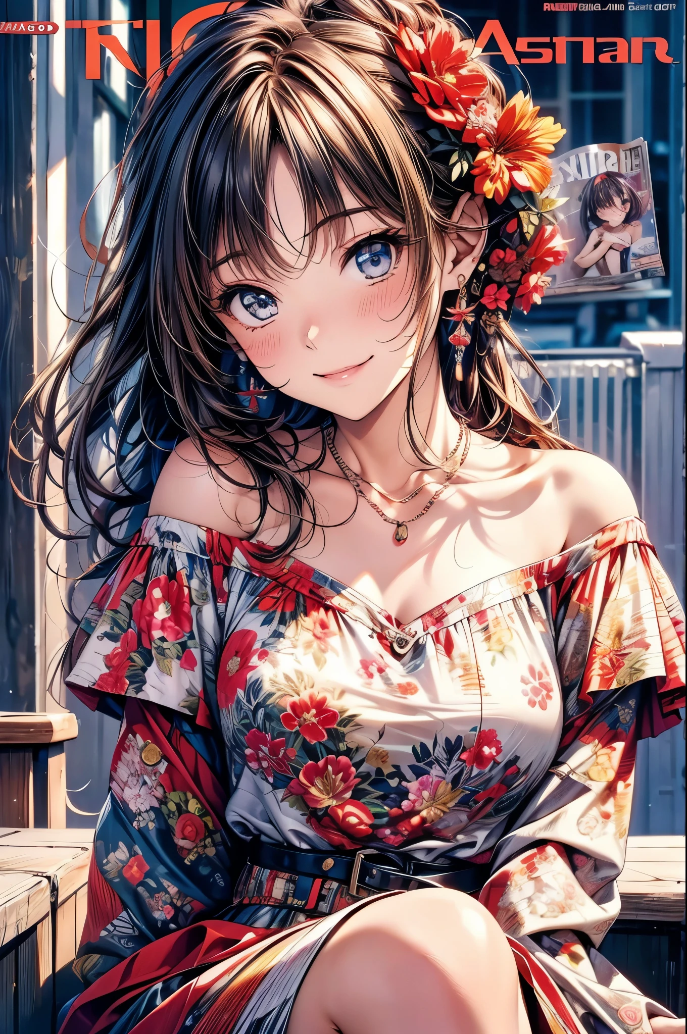 best quality, masterpiece, Ultra-high resolution, Reality, 1 girl, Off-shoulder, Smile, (Magazine:1.35), (Cover Style:1.3)