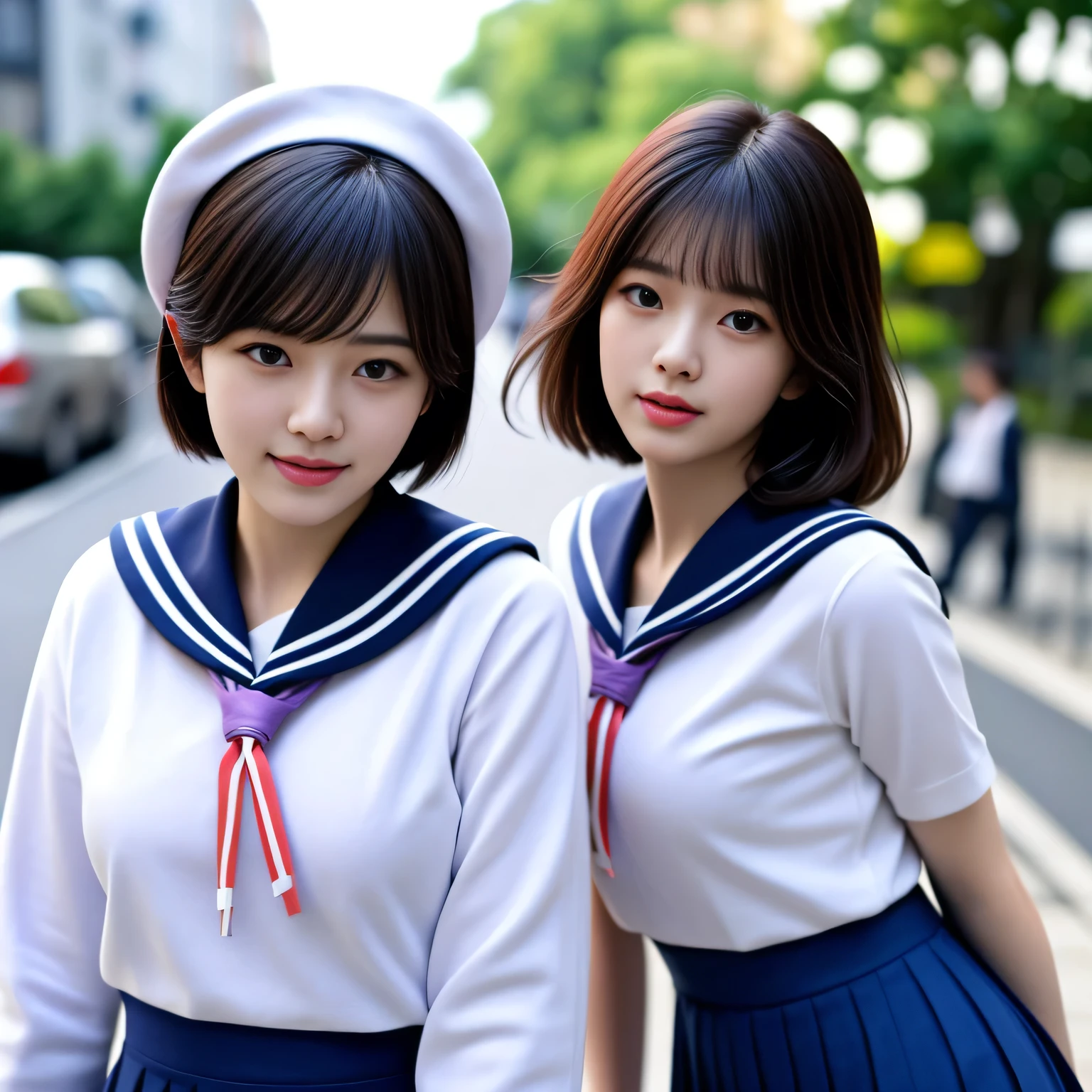((realistic lighting、highest quality、8K、masterpiece:1.3))、clear focus:1.2、2woman、perfect body beauty:1.4、slim abs:1.1、((short black hair、small breasts))、(White sailor suit and navy blue skirt:1.4)、(street)、Idol、super fine face、finely tuned、double eyelid、dark brown eyes、(bangs)、(hyper pretty face:1.5), (japanese women:1.5), (21 years old)、beautiful woman、high school girl、、((No panties:1.5))