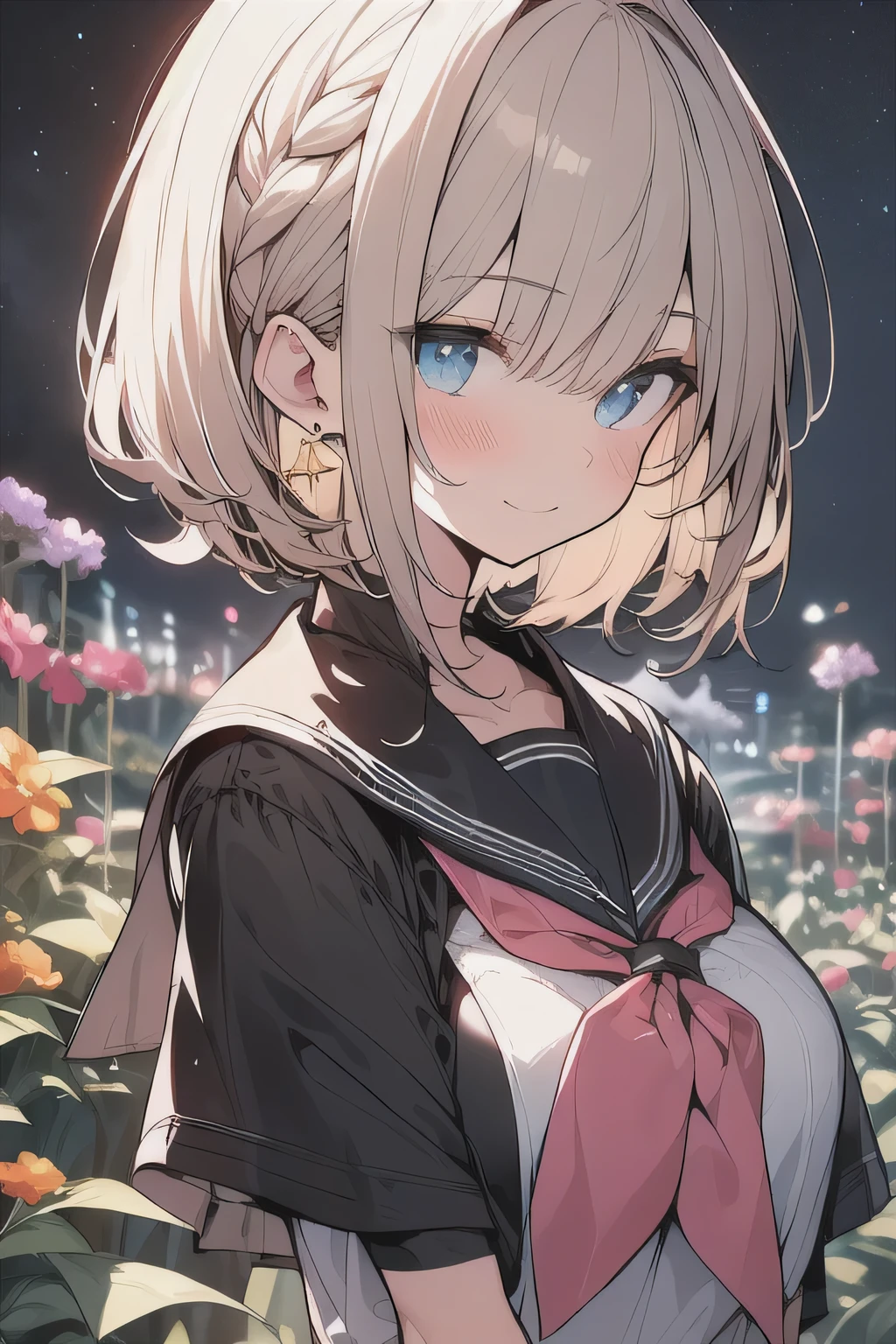 (best quality), (Super detailed), (Best Illustration), (masterpiece), score_9, score_8_up, score_7_up, 4k, high contrast,
upper body, (1woman), (solo:1.2),
{(white serafuku)}, (large breasts:1.2),
{dark brown hair, (sideburns), (bob cut:1.3), curly hair, hairs between eyes, colored inner hair}, {(detailed eyes), blue eyes}, earring,
light smile, blush,
wind, (flower garden:1.2), night, star(sky),
