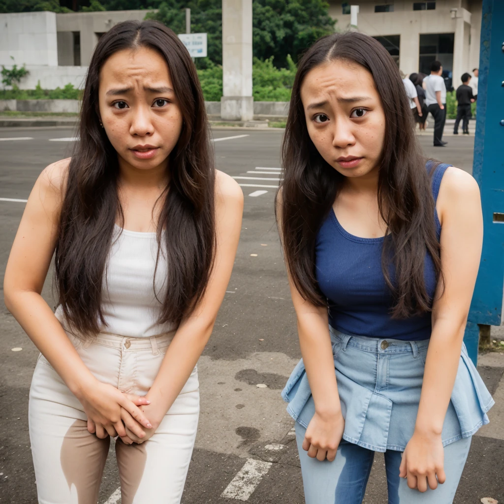 (pp clothes), from forehead, Indonesia school girl, waiting in line, peeing pants, desperation expression