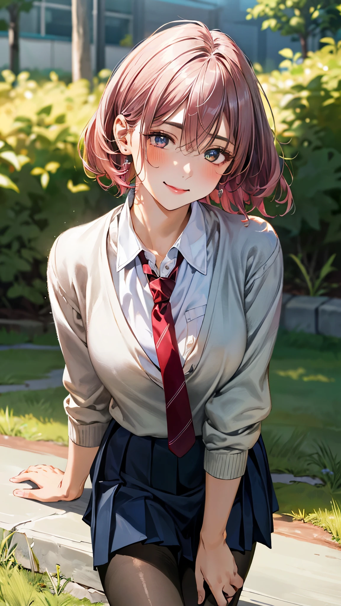 (masterpiece:1.3, top-quality, ultra high res, ultra detailed), (realistic, photorealistic:1.4), beautiful illustration, perfect lighting, natural lighting, colorful, depth of fields, ,
beautiful detailed hair, beautiful detailed face, beautiful detailed eyes, beautiful clavicle, beautiful body, beautiful chest, beautiful thigh, beautiful legs, beautiful fingers, shiny skin, babyface,
looking at viewer, (face focus), 1 girl, japanese, high school girl, (perfect anatomy, anatomically correct, super detailed skin), cute and symmetrical face, perfect face, perfect eyes,
(short hair, (two side up), sideburns, pink hair), hair between eyes, dark green eyes, long eyelashes, (large breasts, seductive thighs), , outstanding style, tiny,
(detailed cloth texture, cardigan, light blue collared shirt, navy pleated skirt, red tie, black pantyhose),
(beautiful scenery), evening, (grassy), , (lovely smile, upper eyes),