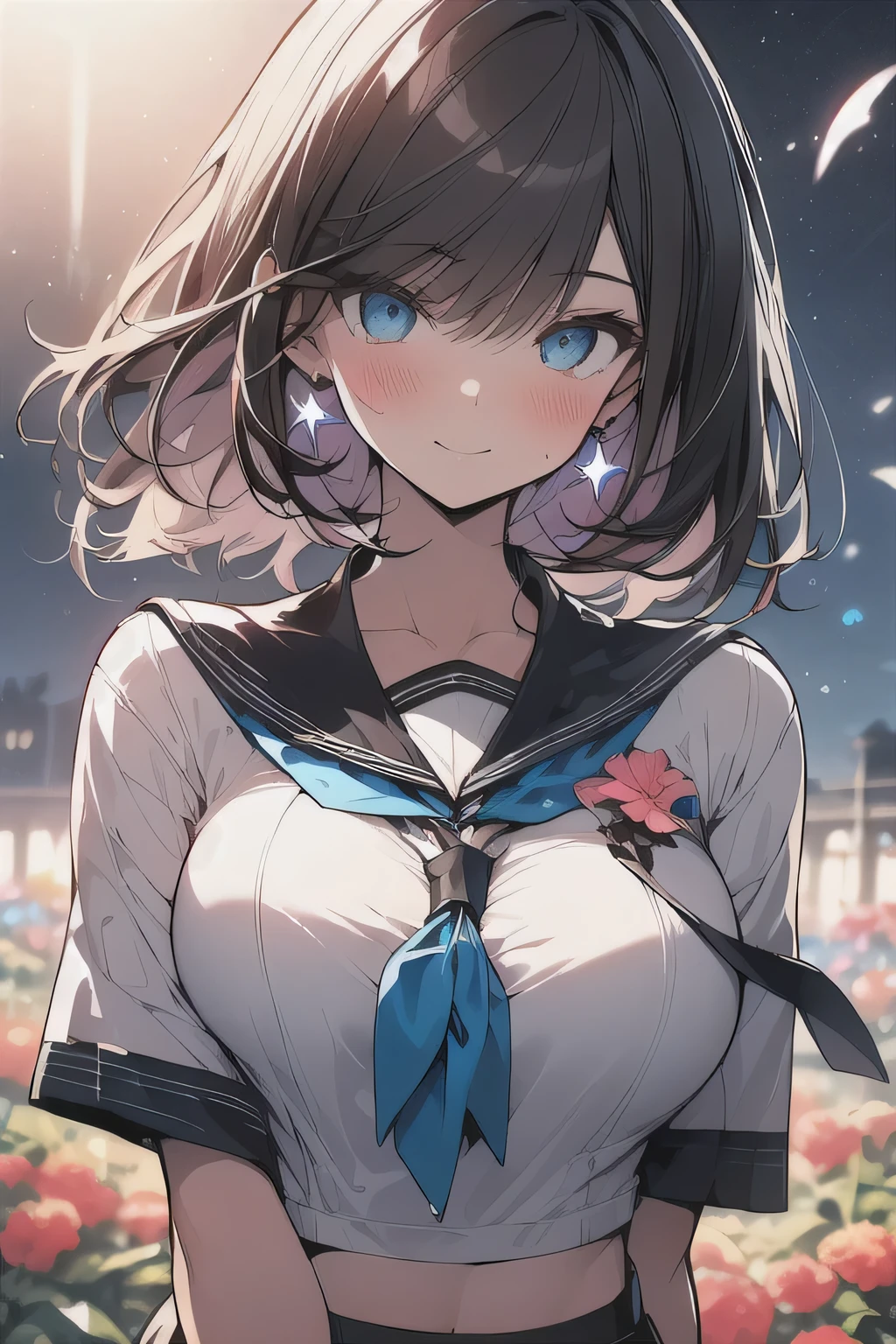 (best quality), (Super detailed), (Best Illustration), (masterpiece), score_9, score_8_up, score_7_up, 4k, high contrast,
upper body, (1woman), (solo:1.2), 

{(white serafuku)}, (large breasts:1.2), 
{dark brown hair, (sideburns), (bob cut:1.3), curly hair, hairs between eyes, colored inner hair}, {(detailed eyes), blue eyes}, earring,
light smile, blush,
wind, (flower garden:1.2), night, star(sky),