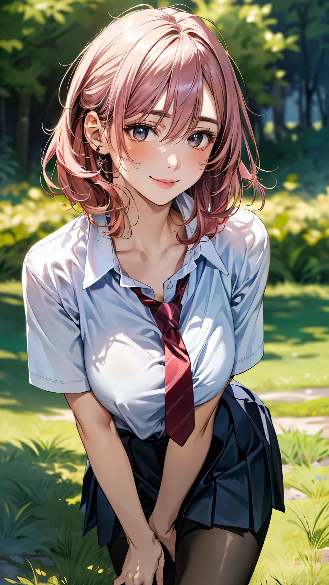 (masterpiece:1.3, top-quality, ultra high res, ultra detailed), (realistic, photorealistic:1.4), beautiful illustration, perfect lighting, natural lighting, colorful, depth of fields, , 
beautiful detailed hair, beautiful detailed face, beautiful detailed eyes, beautiful clavicle, beautiful body, beautiful chest, beautiful thigh, beautiful legs, beautiful fingers, shiny skin, babyface, 
looking at viewer, (face focus), 1 girl, japanese, high school girl, (perfect anatomy, anatomically correct, super detailed skin), cute and symmetrical face, perfect face, perfect eyes, 
(short hair, (two side up), sideburns, pink hair), hair between eyes, dark green eyes, long eyelashes, (large breasts, seductive thighs), , outstanding style, , 
(detailed cloth texture, light blue collared shirt, navy pleated skirt, red tie, black pantyhose), 
(beautiful scenery), evening, (grassy), , (lovely smile, upper eyes),
