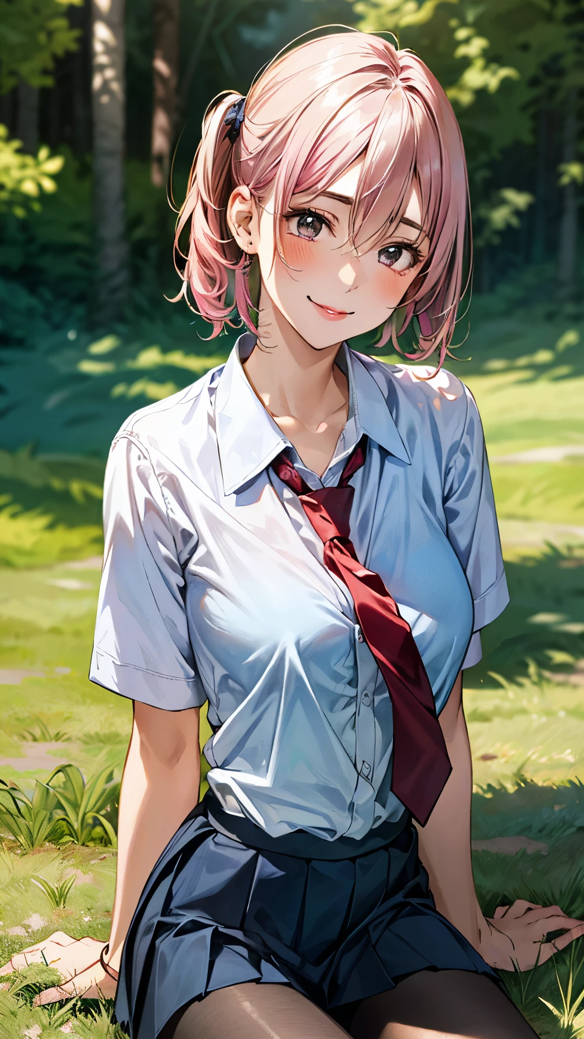 (masterpiece:1.3, top-quality, ultra high res, ultra detailed), (realistic, photorealistic:1.4), beautiful illustration, perfect lighting, natural lighting, colorful, depth of fields, , 
beautiful detailed hair, beautiful detailed face, beautiful detailed eyes, beautiful clavicle, beautiful body, beautiful chest, beautiful thigh, beautiful legs, beautiful fingers, shiny skin, babyface, 
looking at viewer, (face focus), 1 girl, japanese, high school girl, (perfect anatomy, anatomically correct, super detailed skin), cute and symmetrical face, perfect face, perfect eyes, 
(short hair, (two side up), sideburns, pink hair), hair between eyes, dark green eyes, long eyelashes, (large breasts, seductive thighs), , outstanding style, , 
(detailed cloth texture, light blue collared shirt, navy pleated skirt, red tie, black pantyhose), 
(beautiful scenery), evening, (grassy), , (lovely smile, upper eyes),