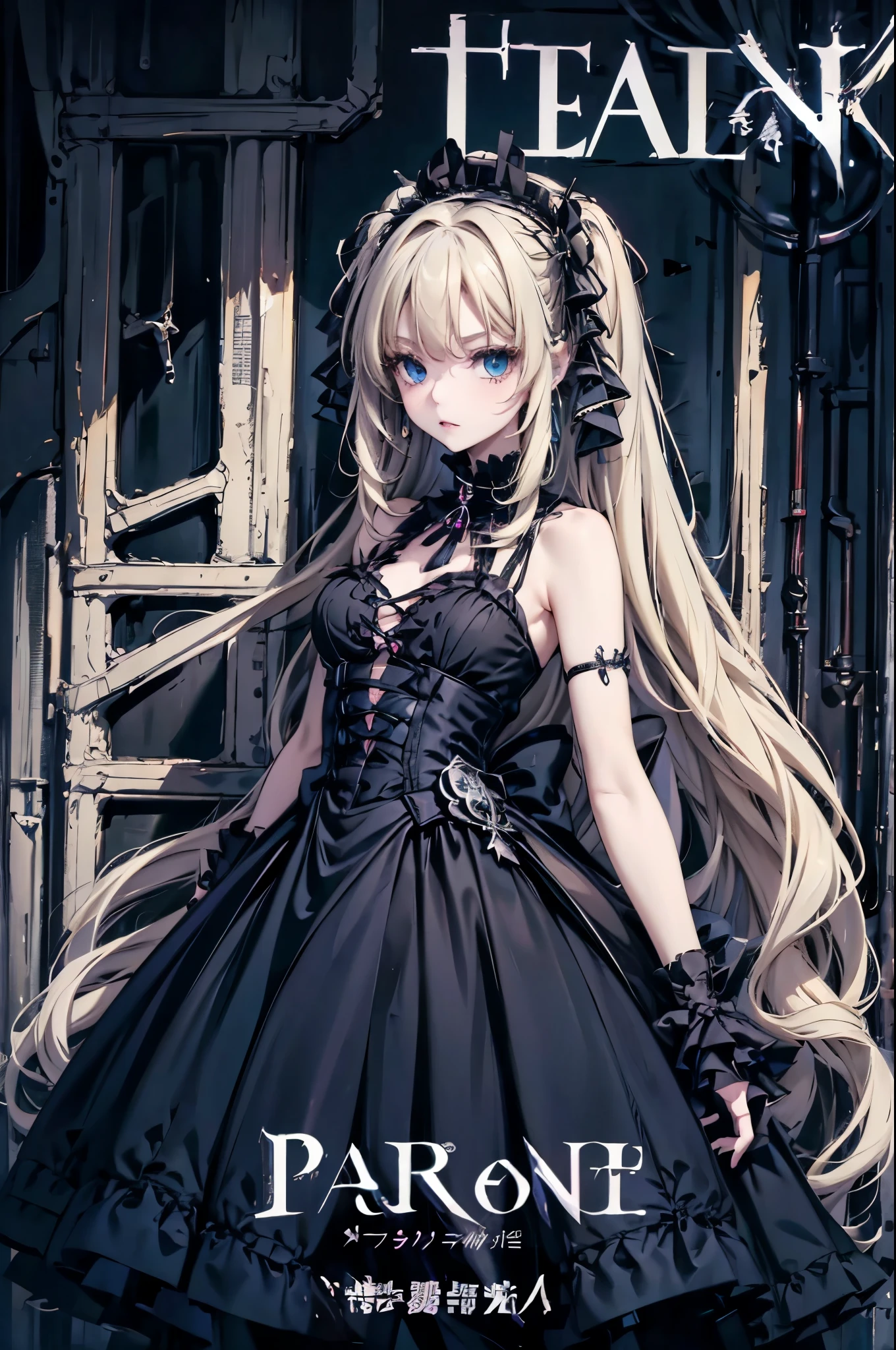 1girl bare_shoulders black_dress blonde_hair blue_eyes dress goth_fashion gothic gothic_****ta green_eyes ****ta_fashion long_hair marion_phauna shaman_king sleeveless sleeveless_dress solo thighhighs very_long_hair (magazine:1.35) (cover-style:1.3)