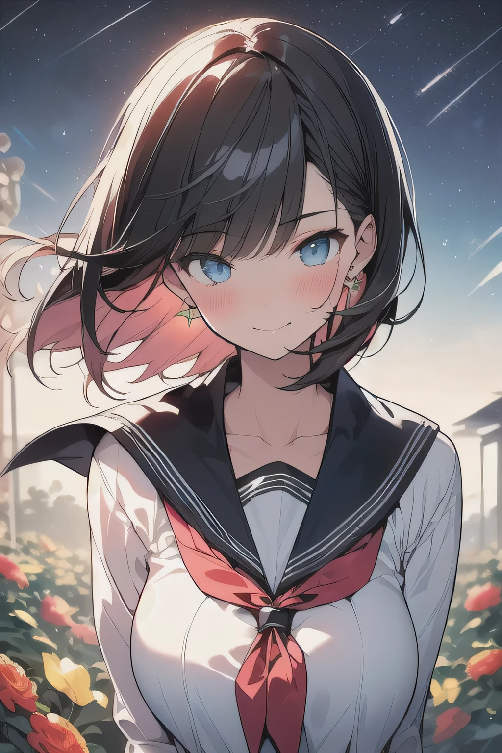 (best quality), (Super detailed), (Best Illustration), (masterpiece), score_9, score_8_up, score_7_up, 4k, high contrast,
upper body, (1woman), (solo:1.2),
{(white serafuku)}, (large breasts:1.2),
{dark brown hair, (sideburns), (bob cut:1.3), curly hair, hairs between eyes, colored inner hair}, {(detailed eyes), blue eyes}, earring,
light smile, blush,
wind, (flower garden:1.2), night, star(sky),
