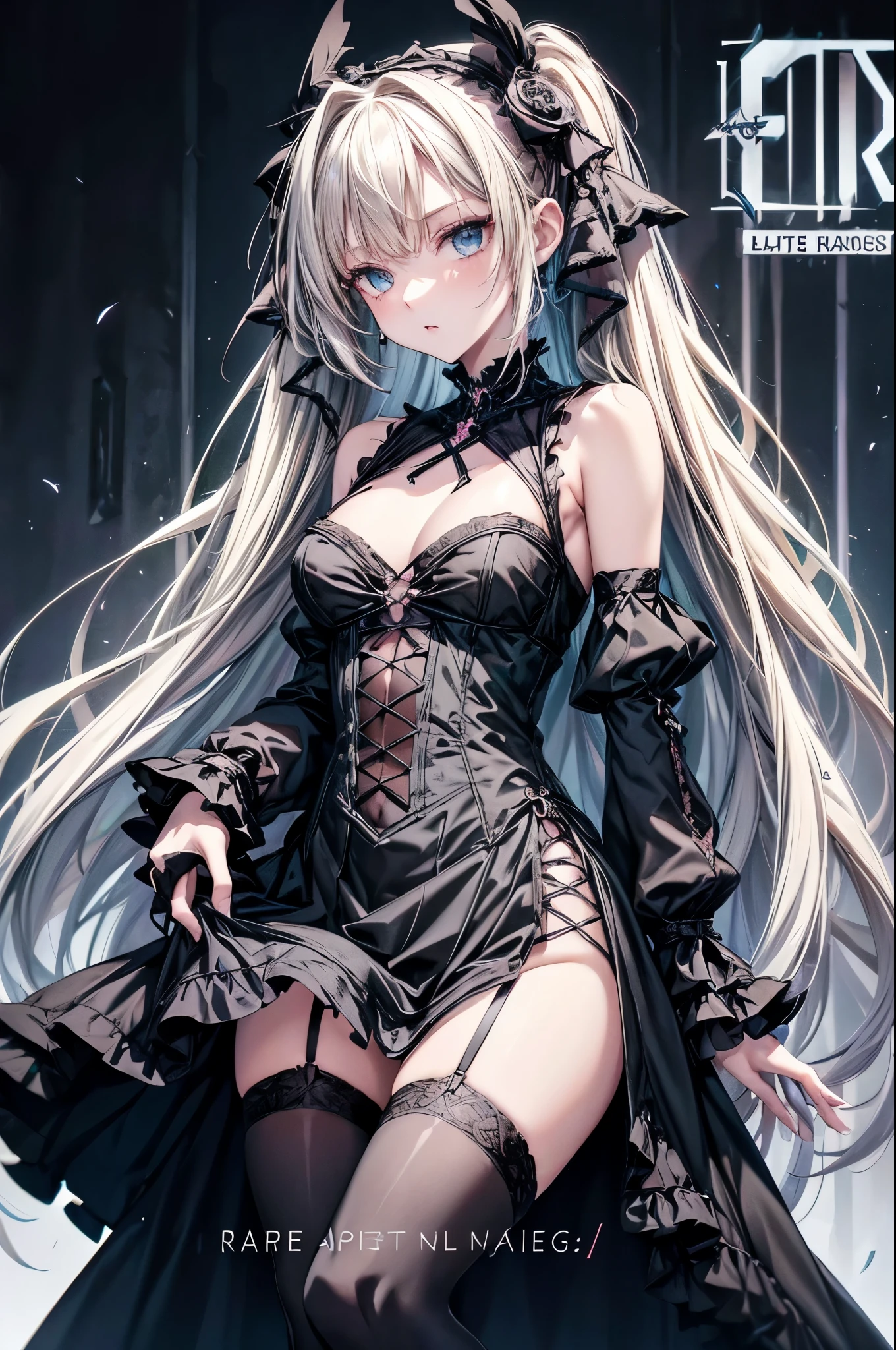 1girl bare_shoulders black_dress blonde_hair blue_eyes dress goth_fashion gothic gothic_lolita green_eyes lolita_fashion long_hair marion_phauna shaman_king sleeveless sleeveless_dress solo thighhighs very_long_hair (magazine:1.35) (cover-style:1.3)