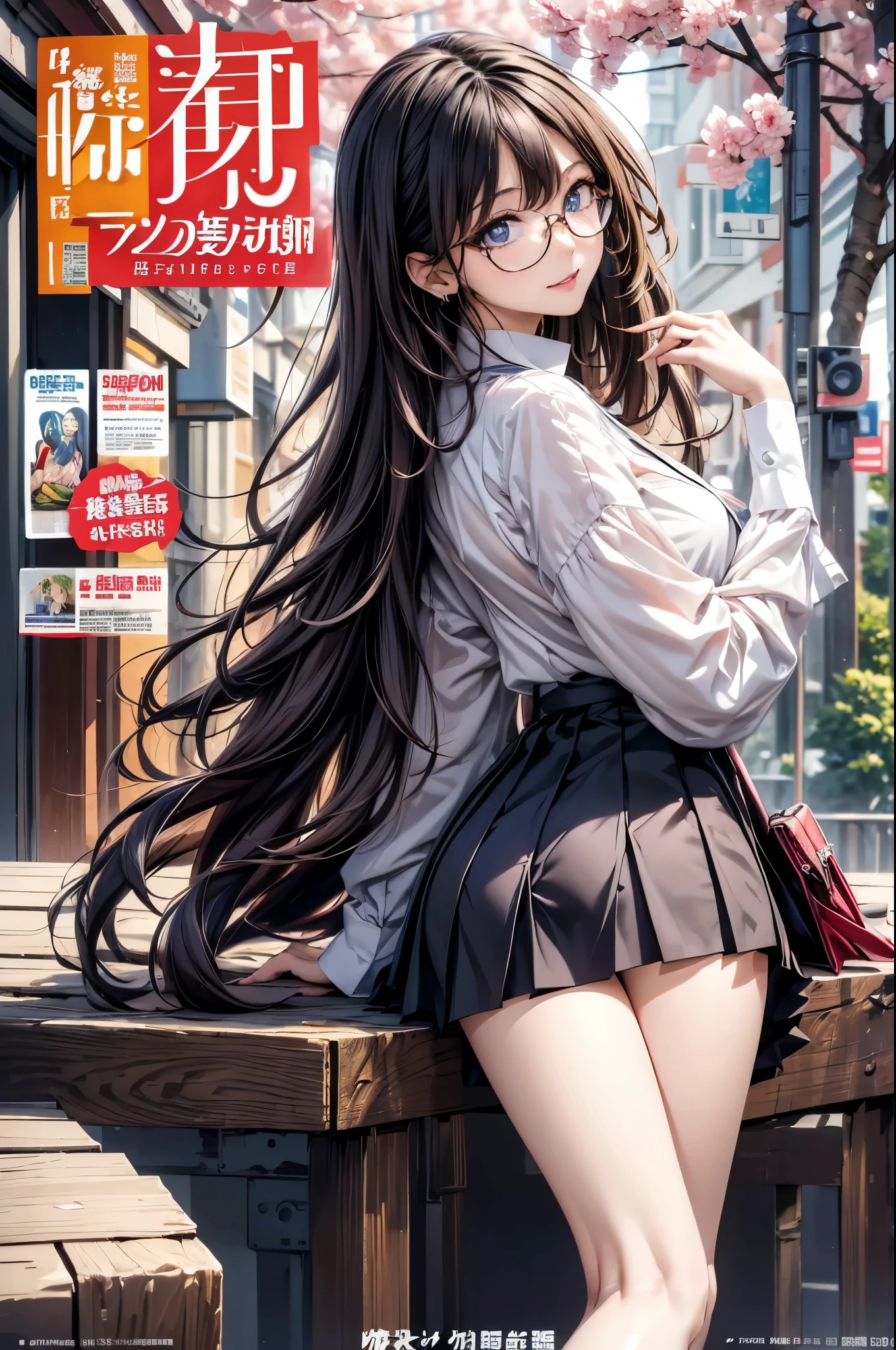((best quality)), ((masterpiece)), (detailed), (High contrast natural side daylight, Dynamic lighting, movie lighting), Anime style, (((whole body))), Cute Japanese girl, ((dorsal view, Look back)), looking at the audience, Smooth and fair skin, Exaggerated super long hair, Black straight hair wavy head and tail, Long hair blows with the wind, ((Super fine hair quality)),  Looks cute, long upper eyelashes, thin eyebrows, big eyes, Amber pupils, Ultra-detailed eyes, Slightly blush, Smile, Exquisite rimless glasses, Detailed face, detailed face, Small nose, Small lips, rest, 
((symmetrical clothes, Uniforms, white collar button down shirt, Black pleated student skirt, dark stockings, Dark student shoes)), Perfect clothing texture, perfect body structure, attractive body shape, Long and sexy legs, Perfect foot quality, Perfect hand quality, beautiful limbs, Beautiful fingers, rest, (Beautiful Wind scenery), (Micro Wind Outdoor), Quiet Japanese city broad streets, Spring morning, (Wind), (Cherry blossoms), whole body images, ((Perfect composition)), highlight the subject, (Detailed background:1.5), original photo, CG Unity, photography, Surreal details, Be focused, (Deformed depth of field blurred background), [[color saturation]], (Japanese style photos:0.3), (Magazine:1.35), (Cover Style:1.35)