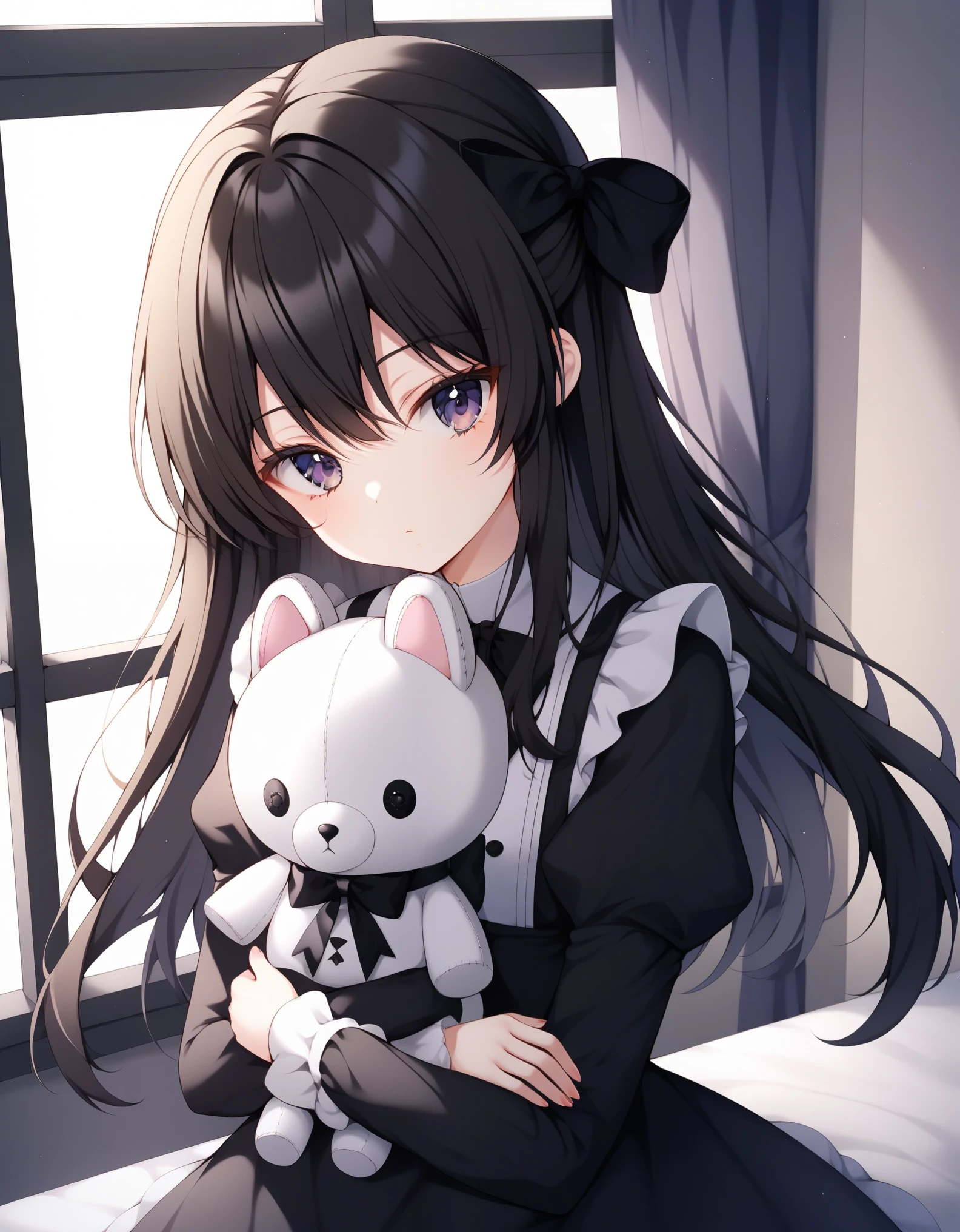 Alone, 1 girl, psgmeia, Expressionless, looking at viewer, holding doll, plush toy, hair bow, dress, long sleeves, juliet sleeves, striped thighs, Indoors