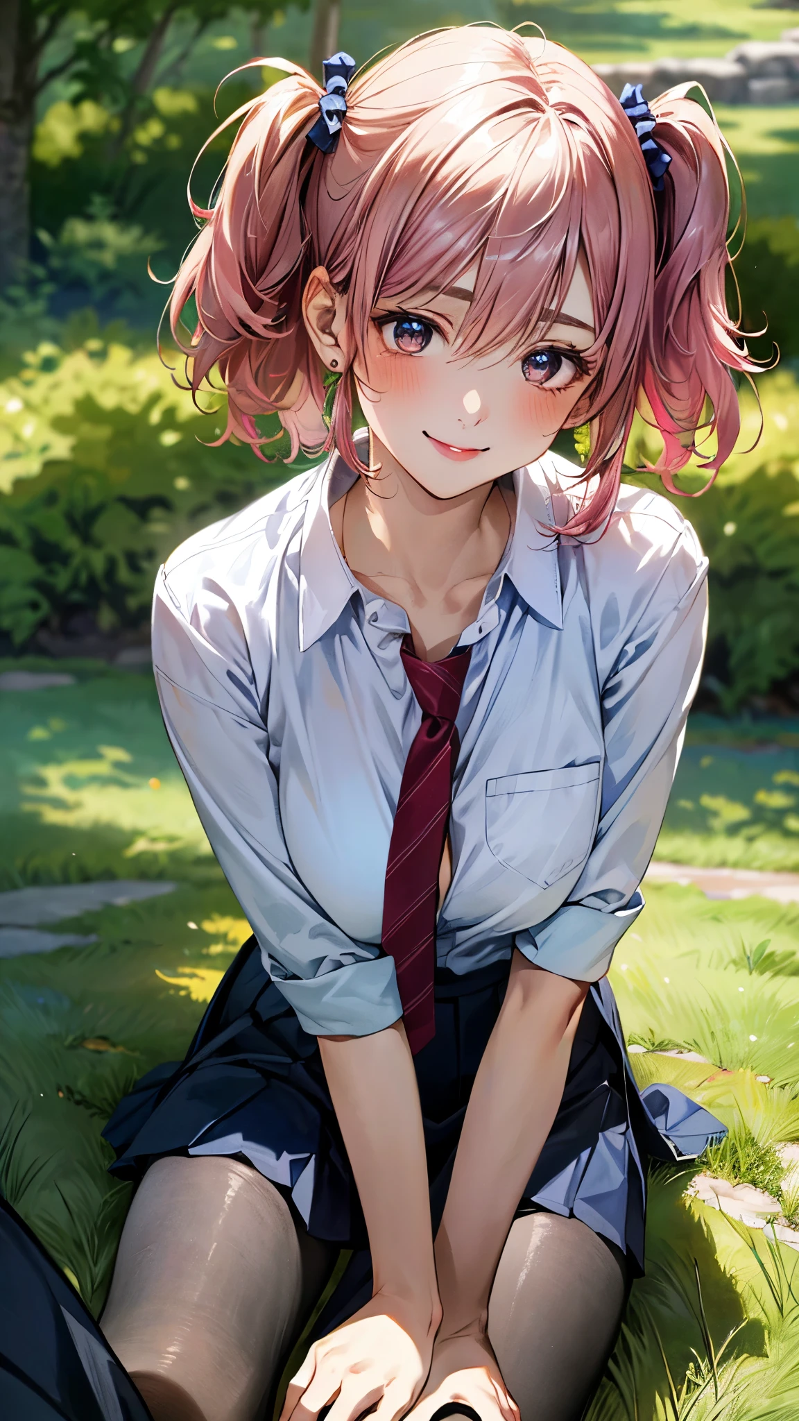 (masterpiece:1.3, top-quality, ultra high res, ultra detailed), (realistic, photorealistic:1.4), beautiful illustration, perfect lighting, natural lighting, colorful, depth of fields, ,
beautiful detailed hair, beautiful detailed face, beautiful detailed eyes, beautiful clavicle, beautiful body, beautiful chest, beautiful thigh, beautiful legs, beautiful fingers, shiny skin, babyface,
looking at viewer, (face focus), 1 girl, japanese, high school girl, (perfect anatomy, anatomically correct, super detailed skin), cute and symmetrical face, perfect face, perfect eyes,
(short hair, (two side up), sideburns, pink hair), hair between eyes, dark green eyes, long eyelashes, (large breasts, seductive thighs), , outstanding style, ,
(detailed cloth texture, light blue collared shirt, navy pleated skirt, red tie, black pantyhose),
(beautiful scenery), evening, (grassy), , (lovely smile, upper eyes),