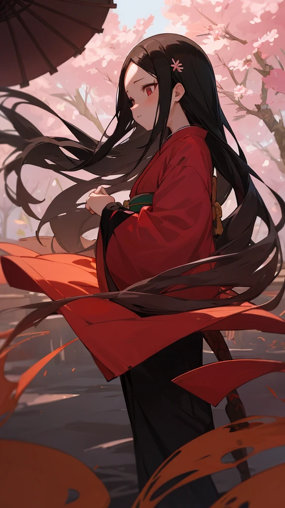 Nezuko Kamado, demon slayer 2.I want a precise picture with a lot of details of her wearing a japanese kimono with long hair, i want her to be all visible until her feet wearing bambou zori sandals, surrounded by beautiful sakura trees under a beautiful shining sun light in a small road