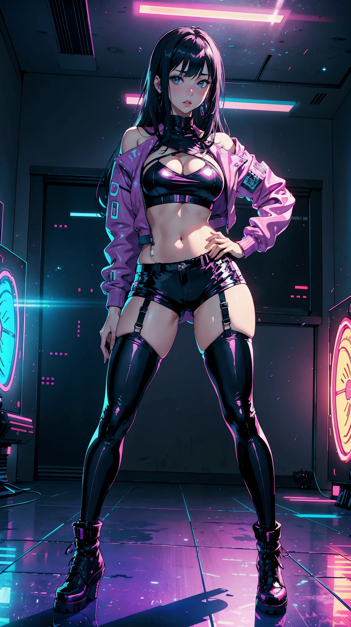 (Hinata Hyuga, Very sensual, In tight clothes, Big Ass, Thick legs, leather jacket, Laser Shorts,lingerie, Navel comes out, Long Hair, Rear speakers, Very realistic, View of the Cyberpunk City, Clearly defined lines, Neon Lights Very Sexy, 8k, 8k Very detailed), (Very delicate and beautiful), (masterpiece), (Better Quality: 1.0), (Ultra-high resolution:1.0), ((Synthwave Background Theme))